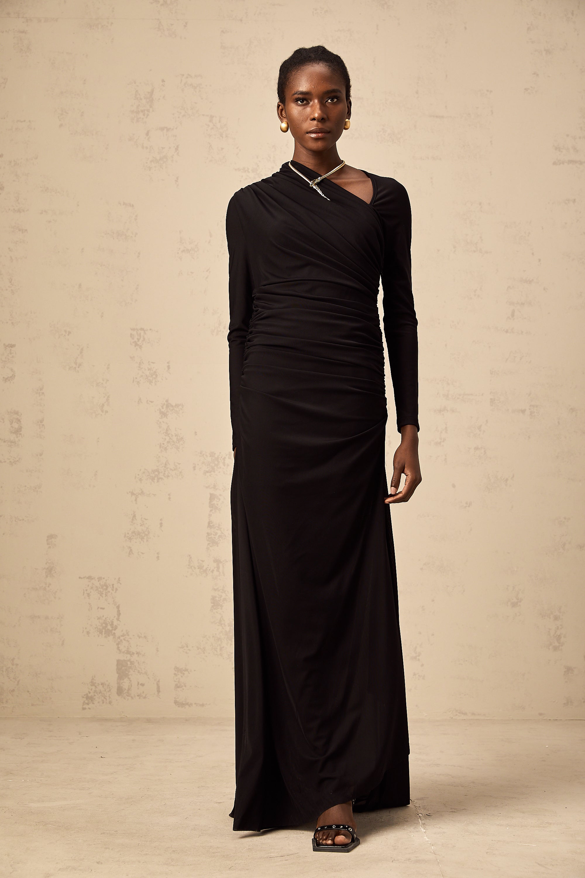 Natalie black cut-out asymmetric tulle maxi dress