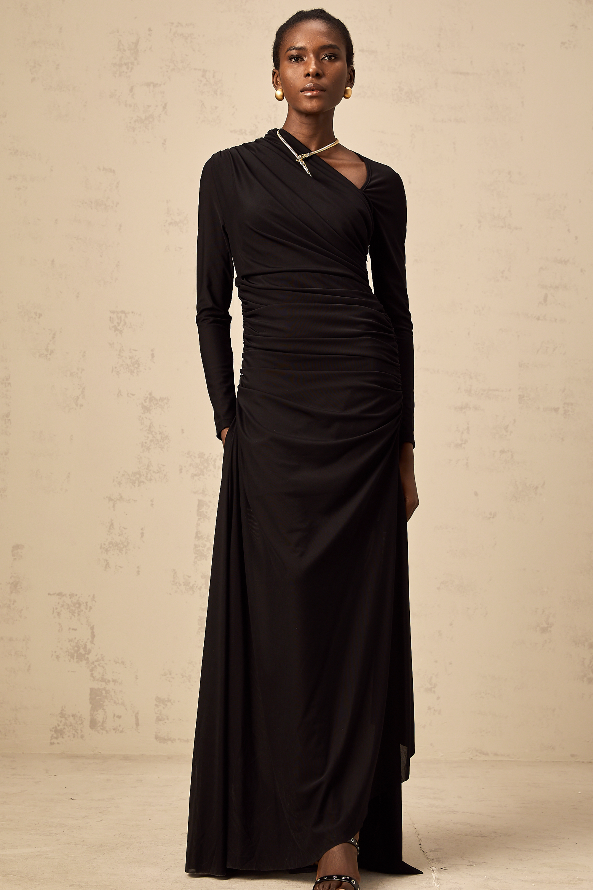 Natalie black cut-out asymmetric tulle maxi dress