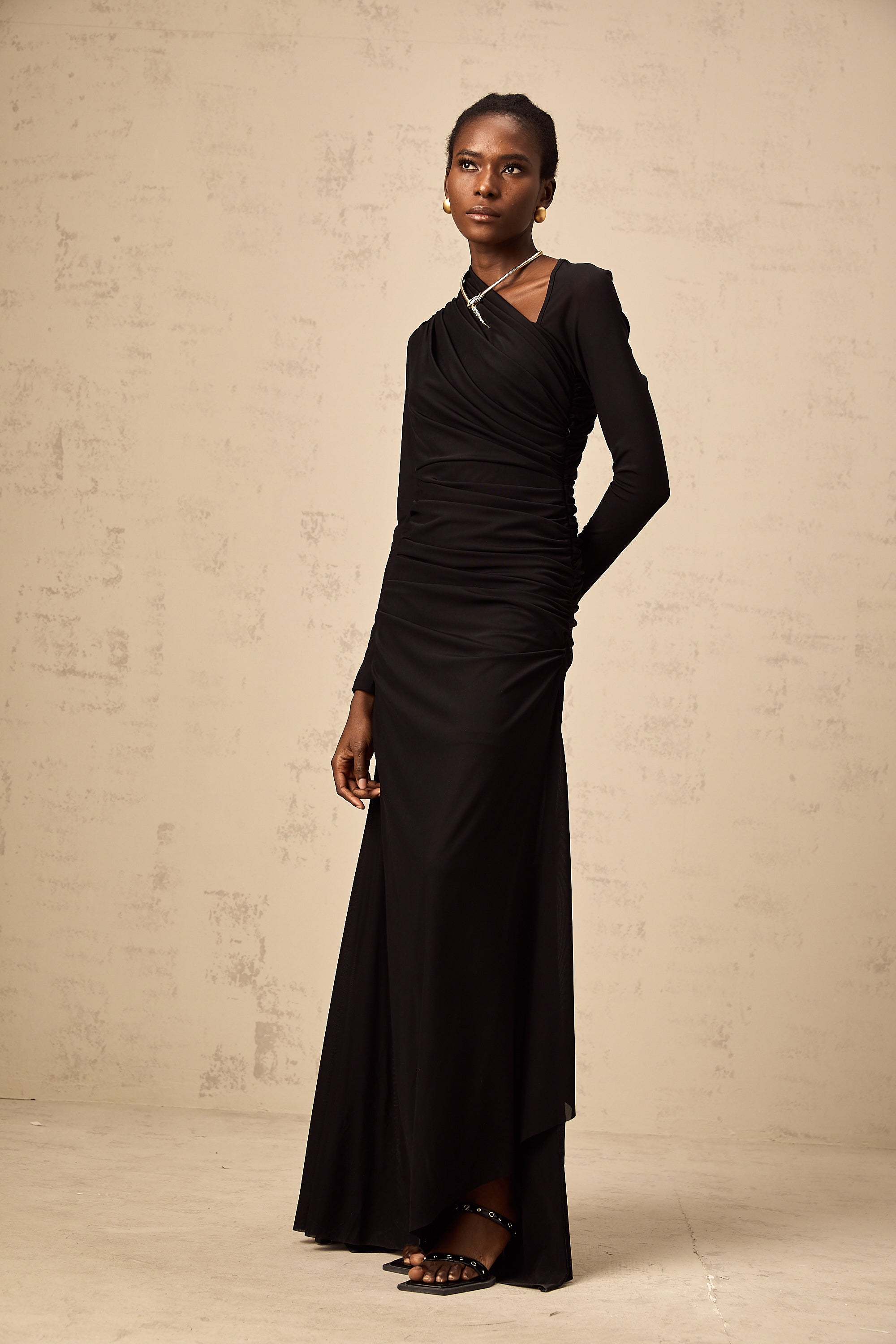 Natalie black cut-out asymmetric tulle maxi dress