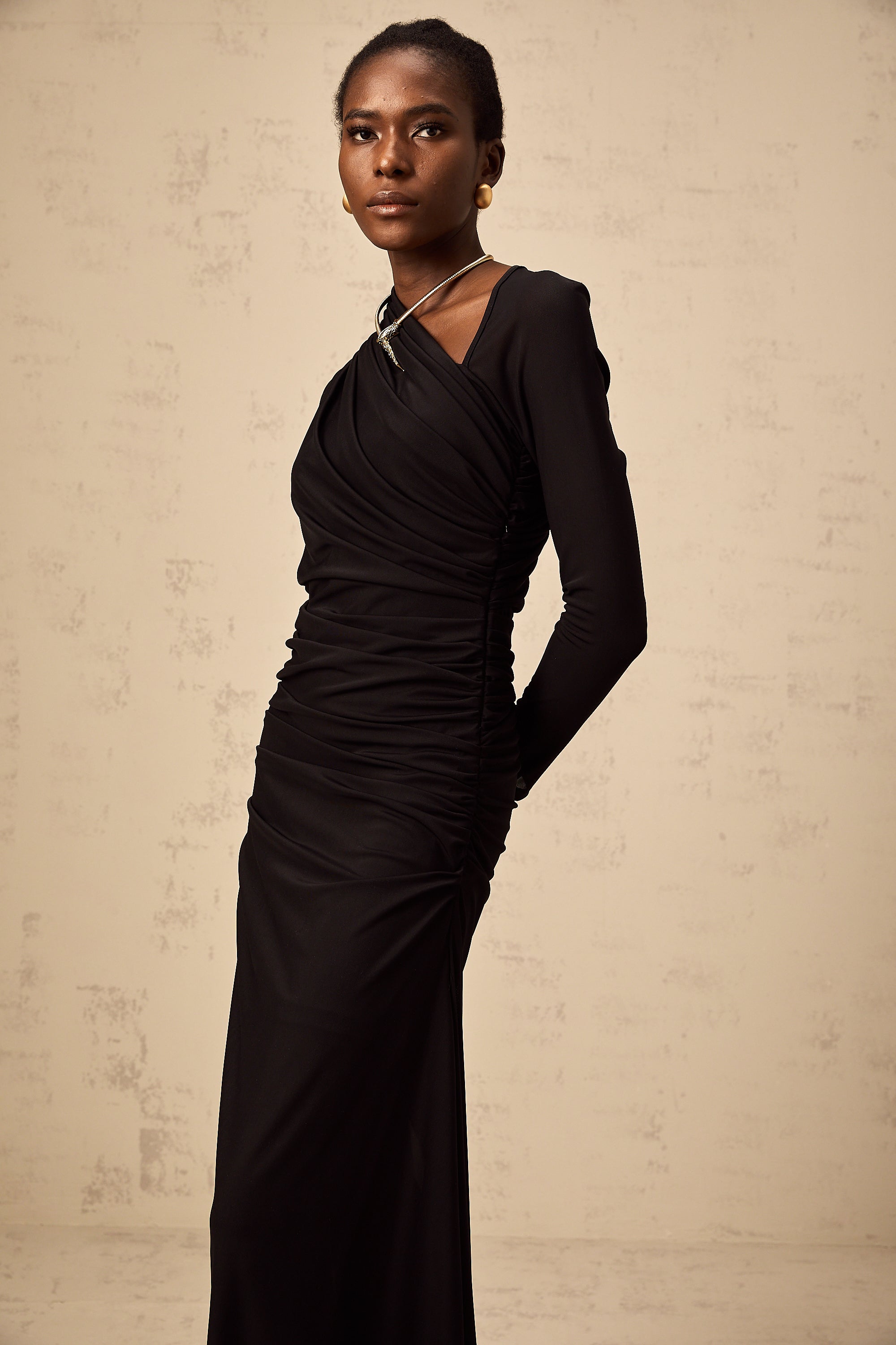 Natalie black cut-out asymmetric tulle maxi dress