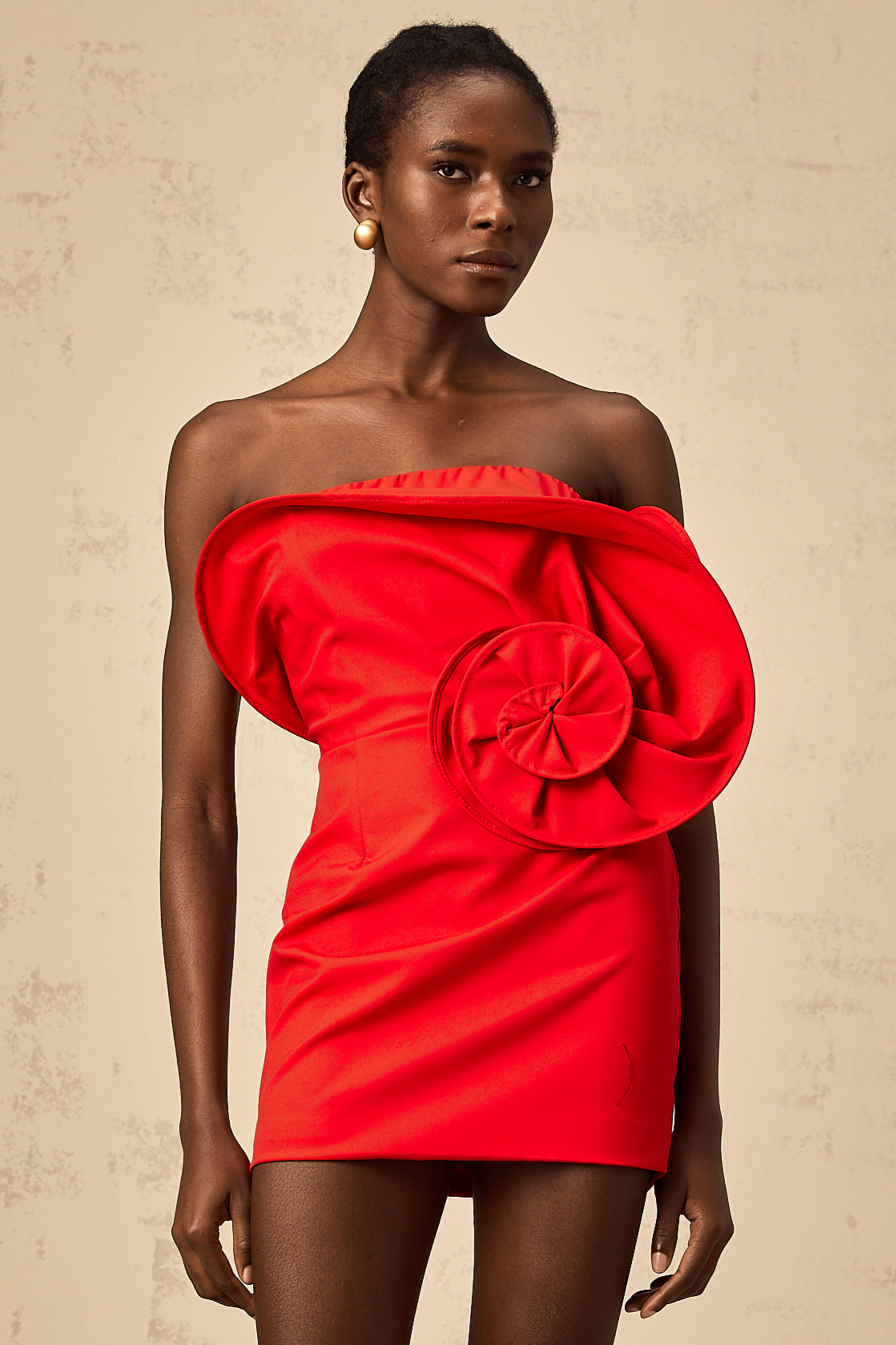 Emilie red sculptural-rose off-shoulder mini dress