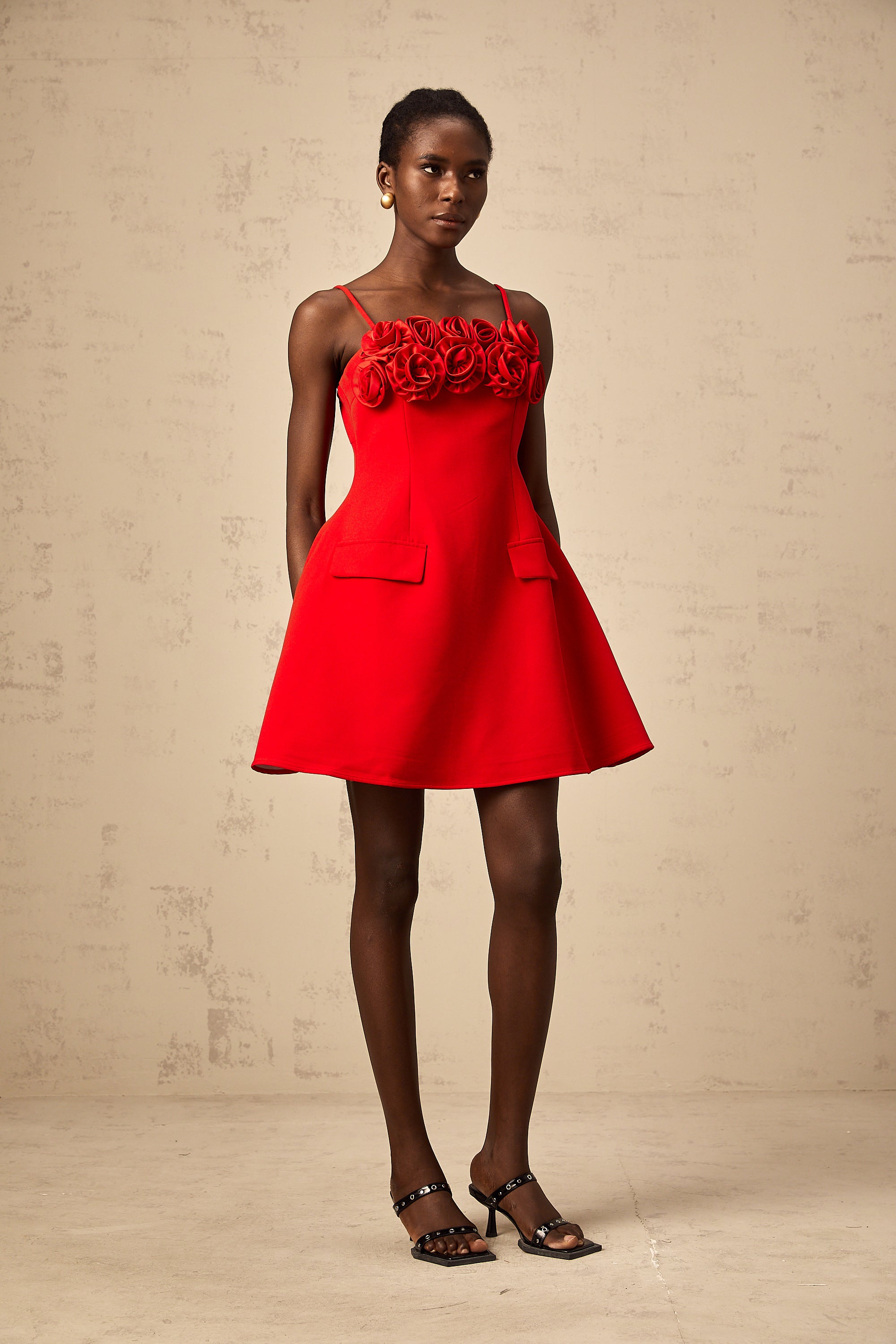 Mignon red rose-appliqué flared mini dress