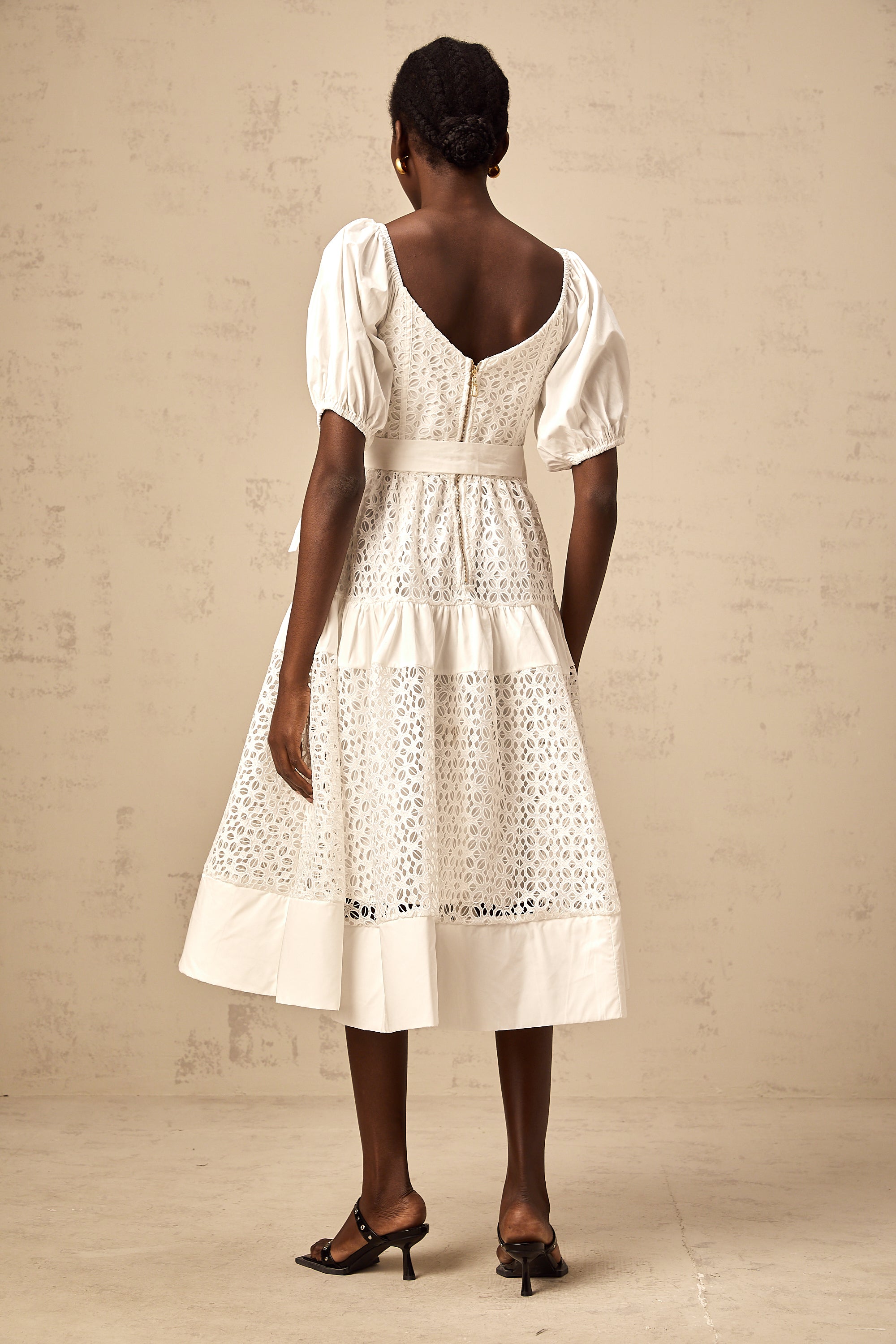 Hélène white corded-lace tiered midi dress