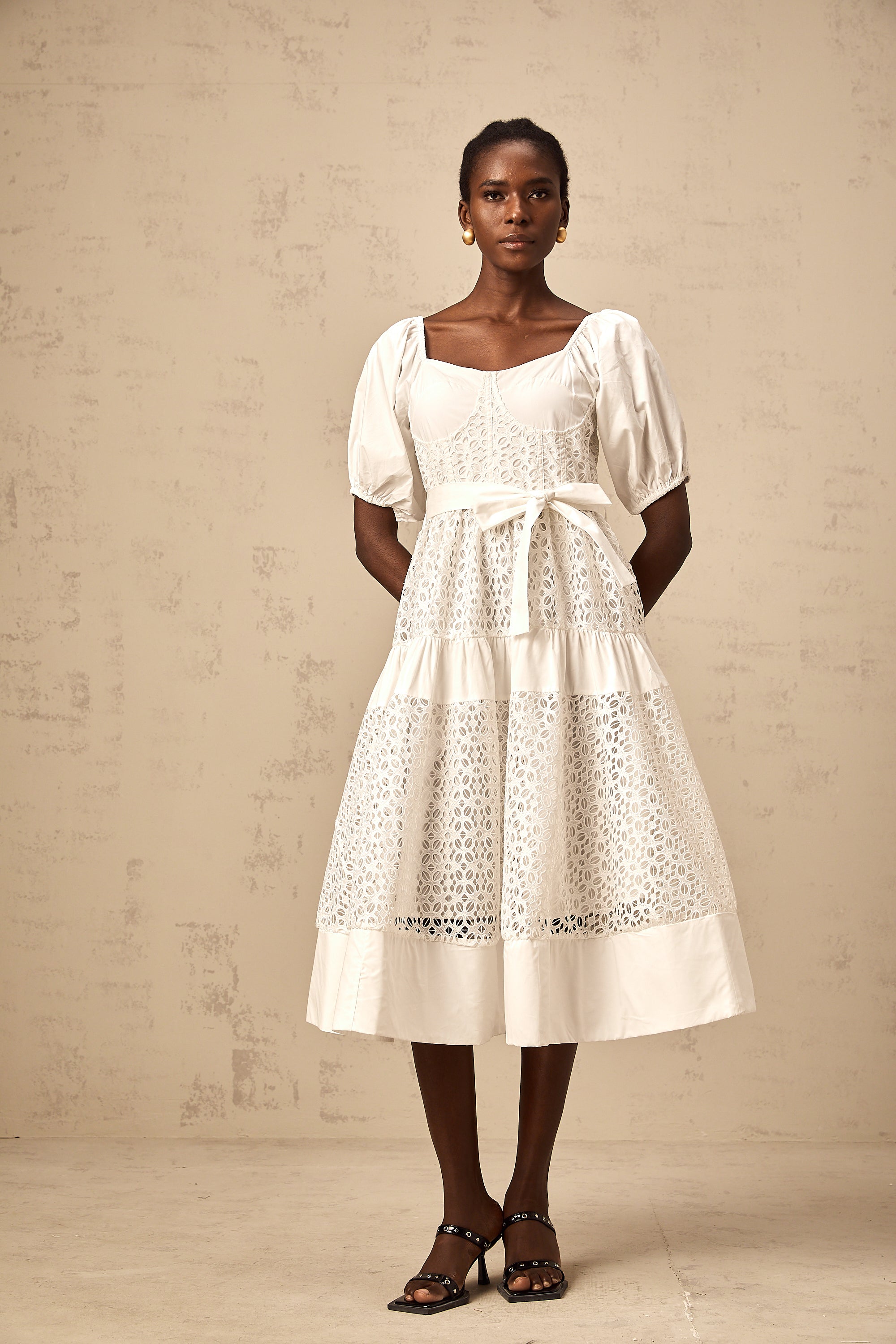 Hélène white corded-lace tiered midi dress