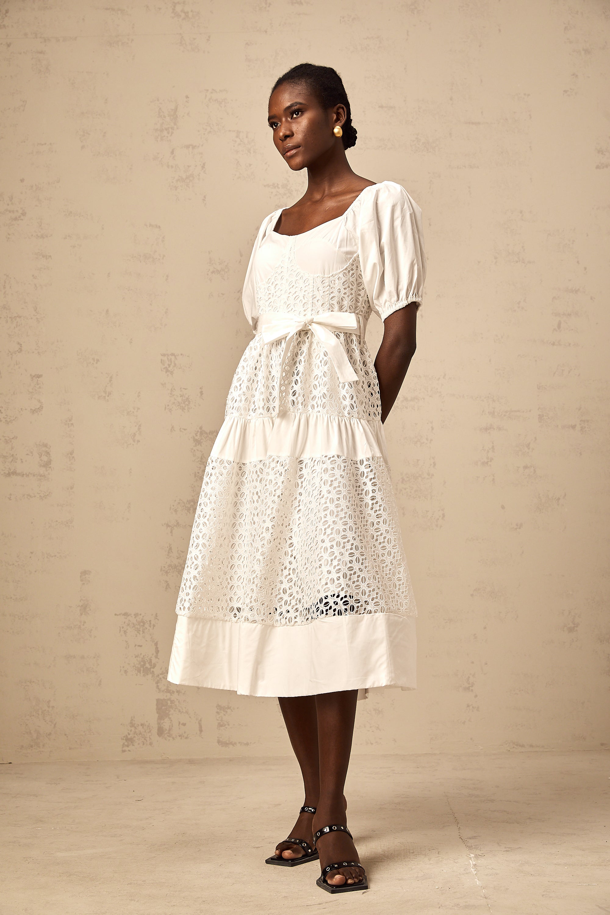 Hélène white corded-lace tiered midi dress