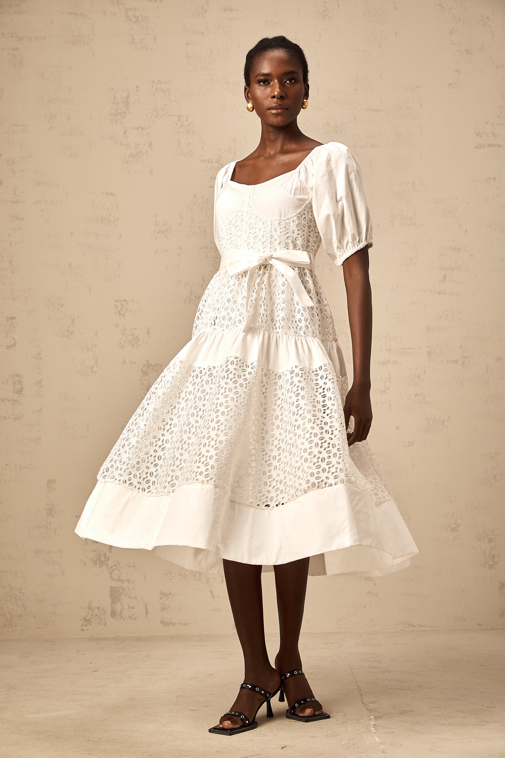 Hélène white corded-lace tiered midi dress