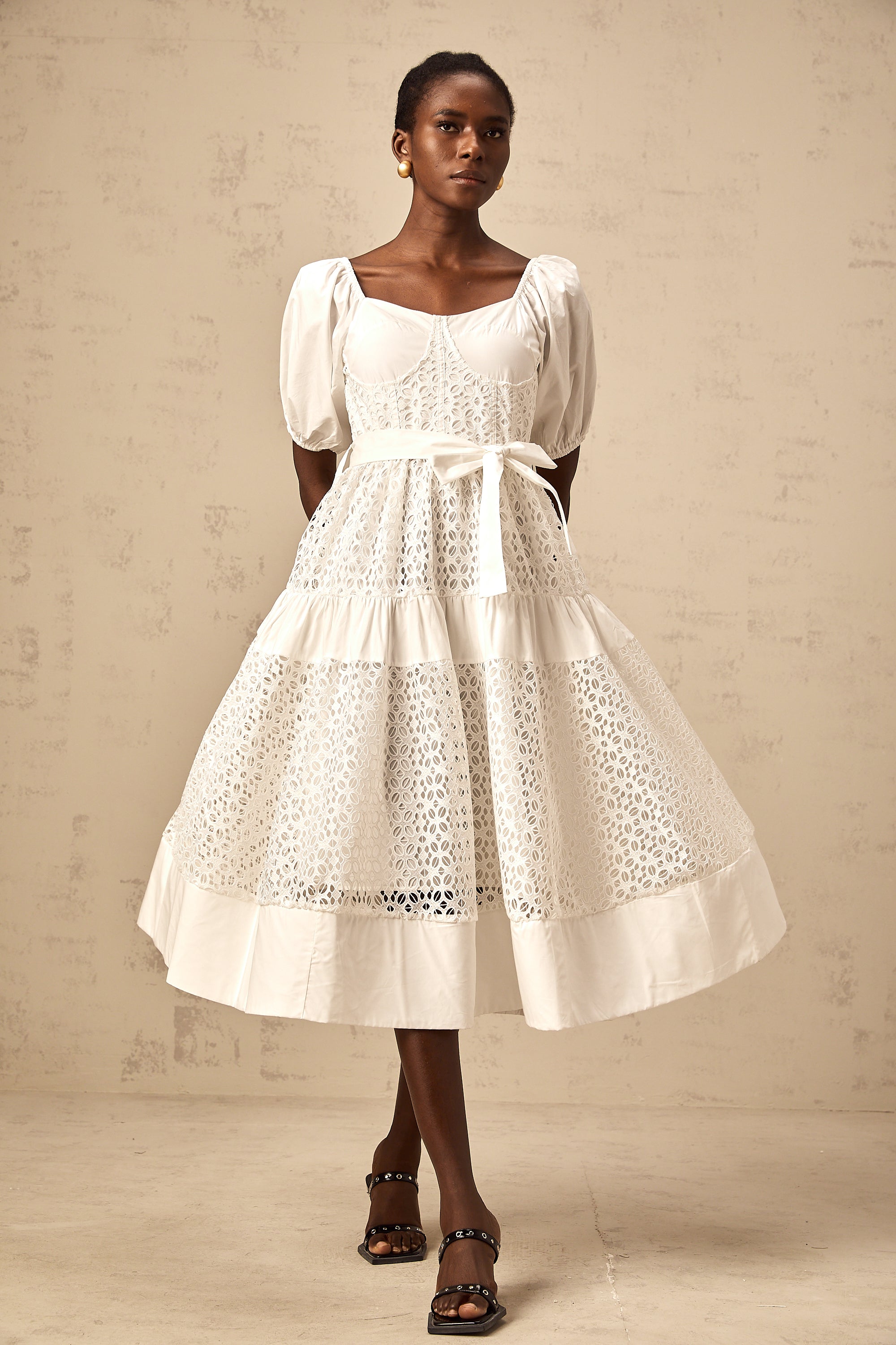 Hélène white corded-lace tiered midi dress