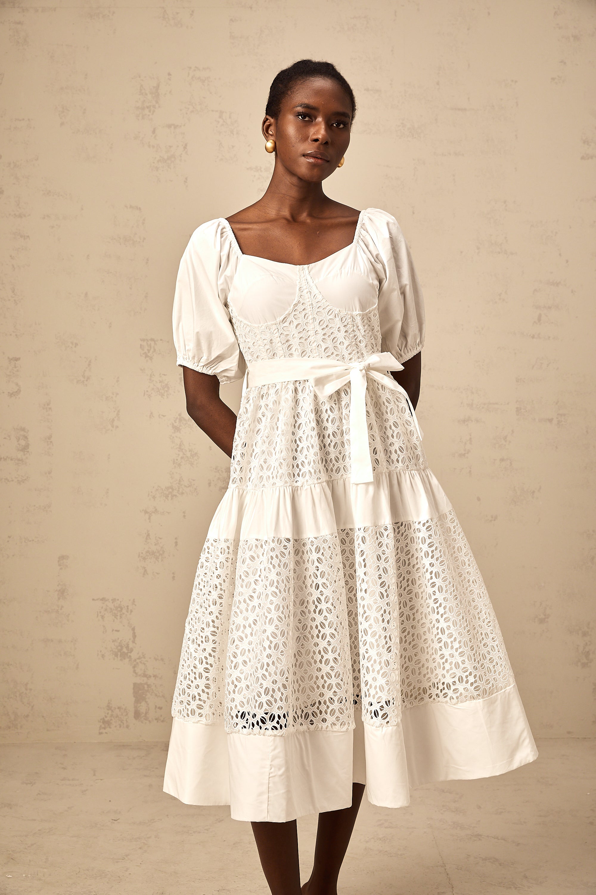 Hélène white corded-lace tiered midi dress