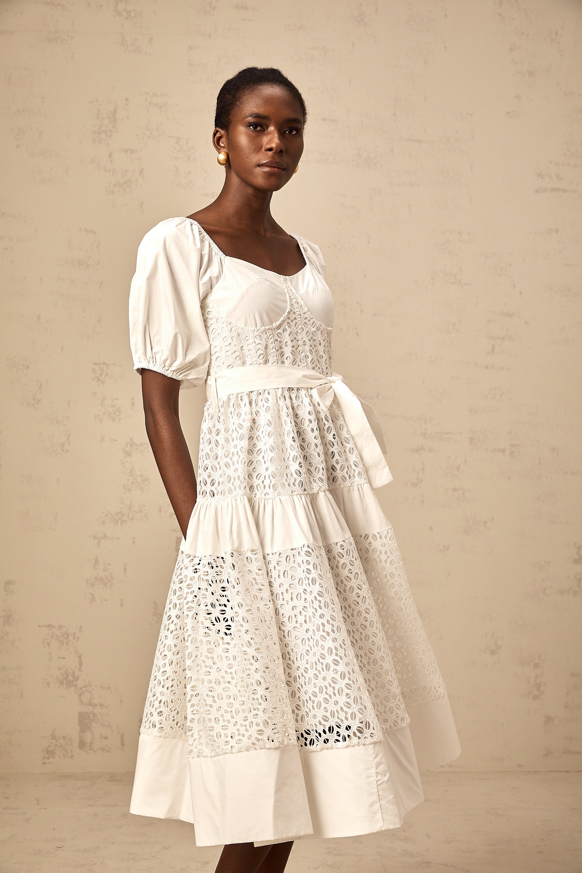 Hélène white corded-lace tiered midi dress