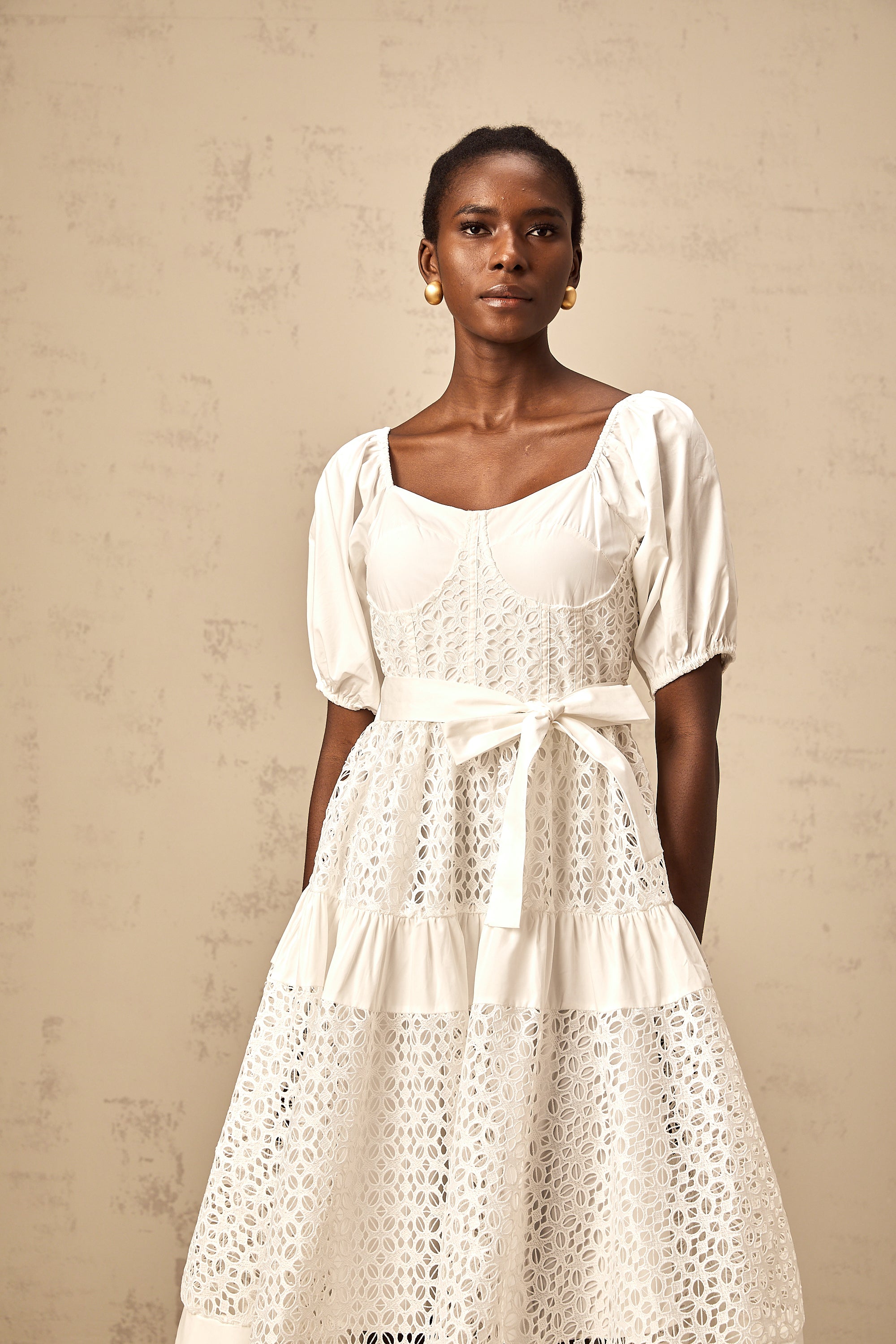 Hélène white corded-lace tiered midi dress