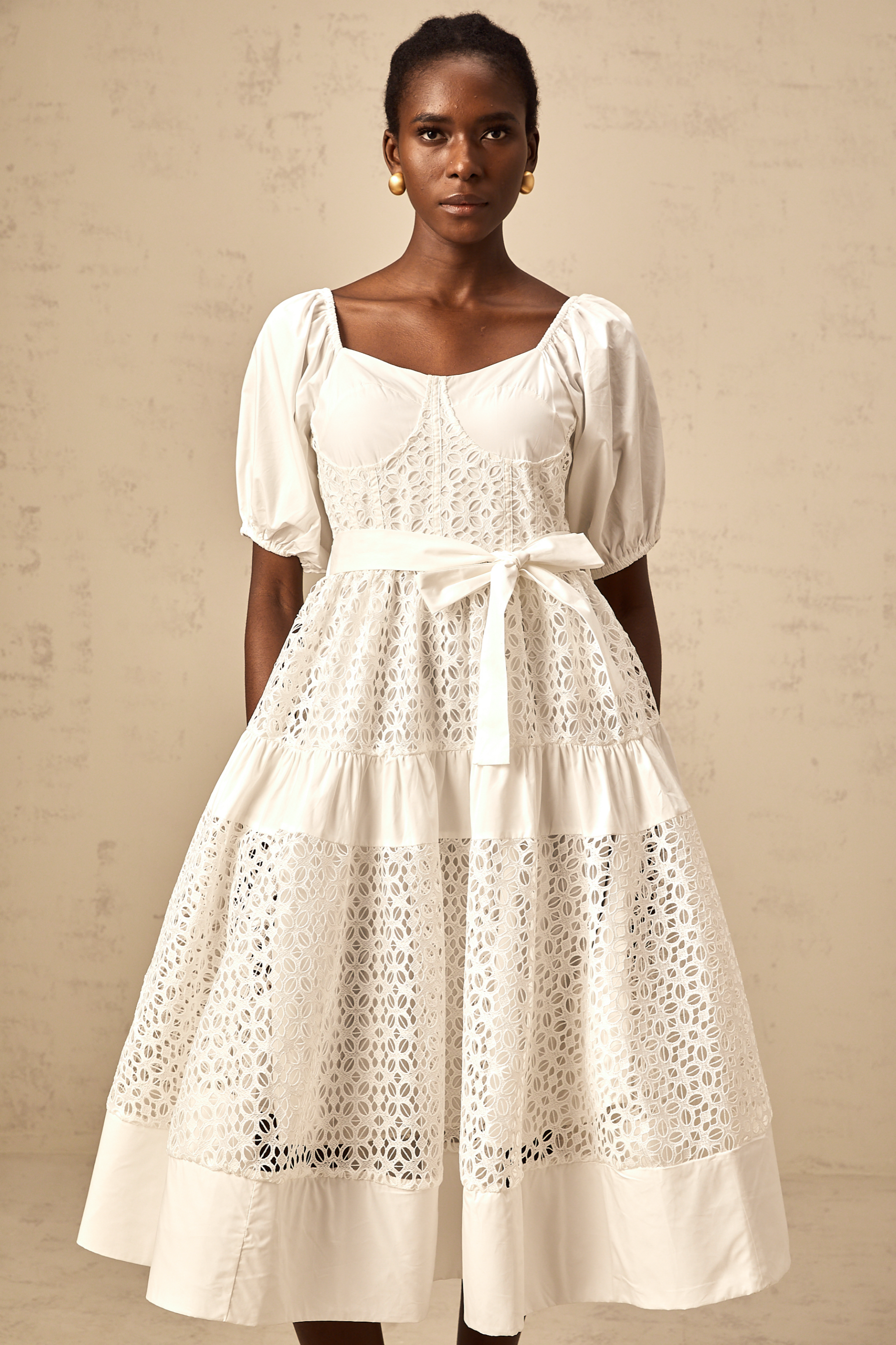 Hélène white corded-lace tiered midi dress