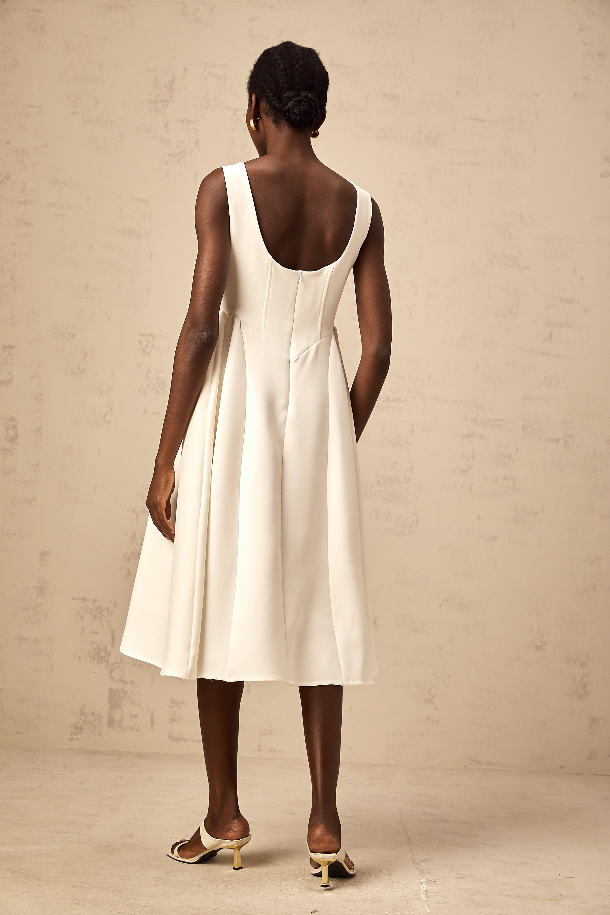 Yolanda white full-skirt sleeveless midi dress