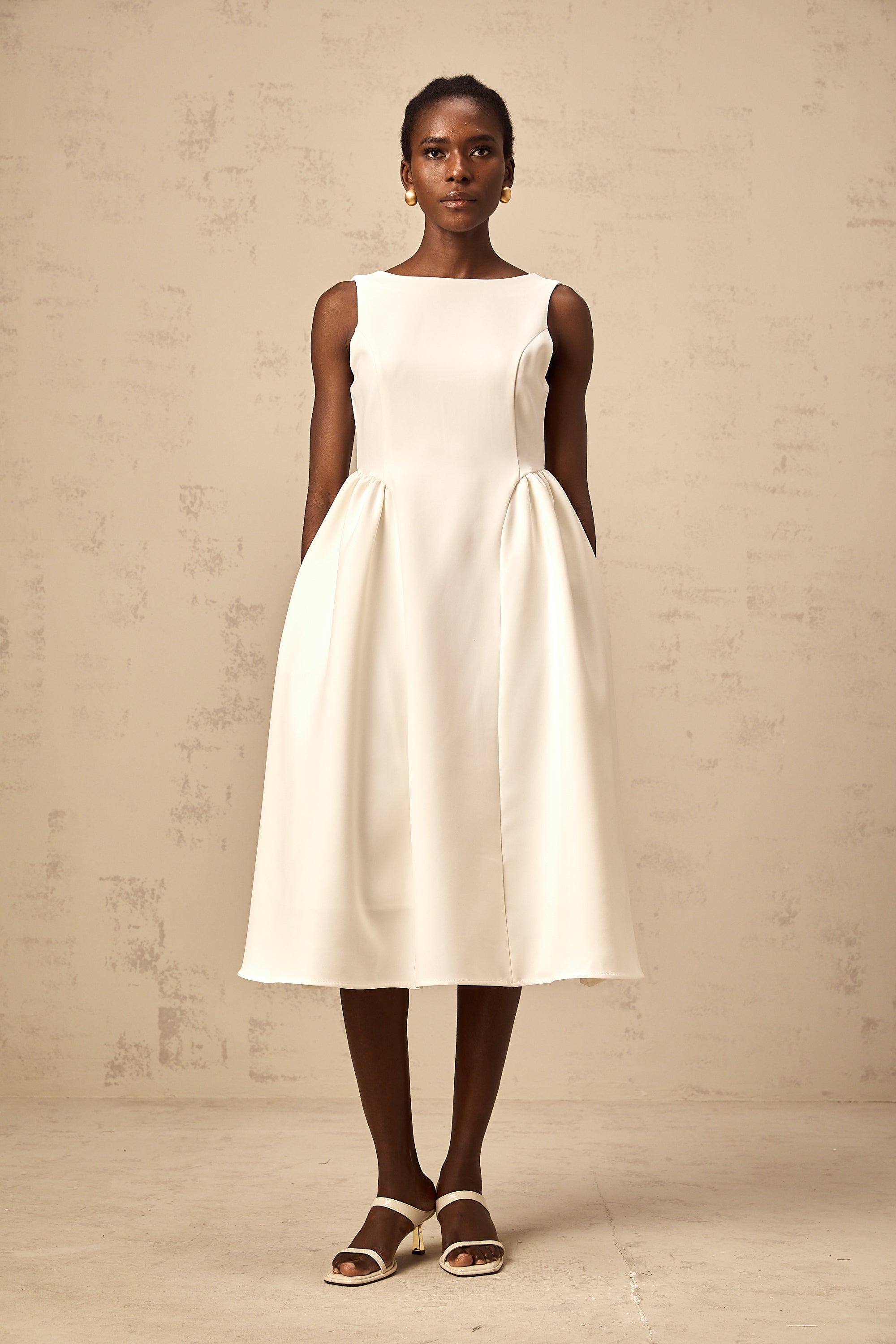 Yolanda white full-skirt sleeveless midi dress