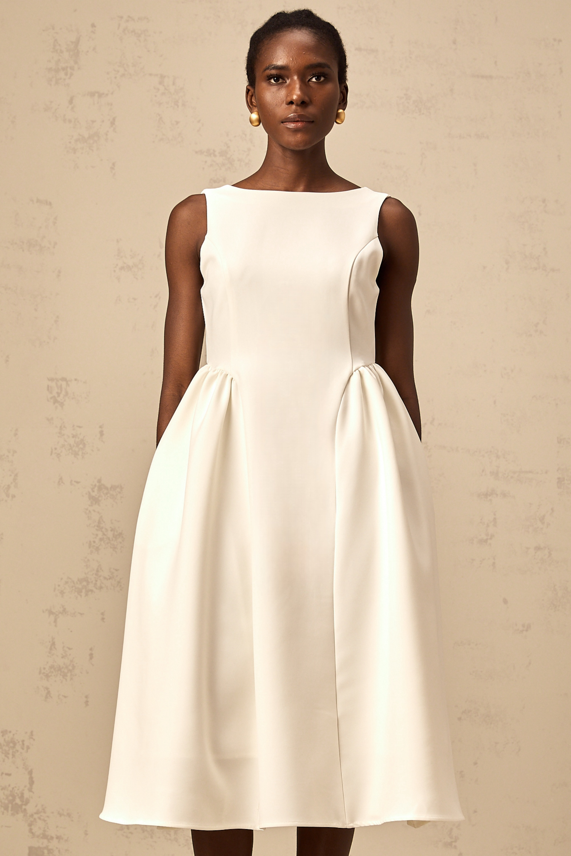 Yolanda white full-skirt sleeveless midi dress