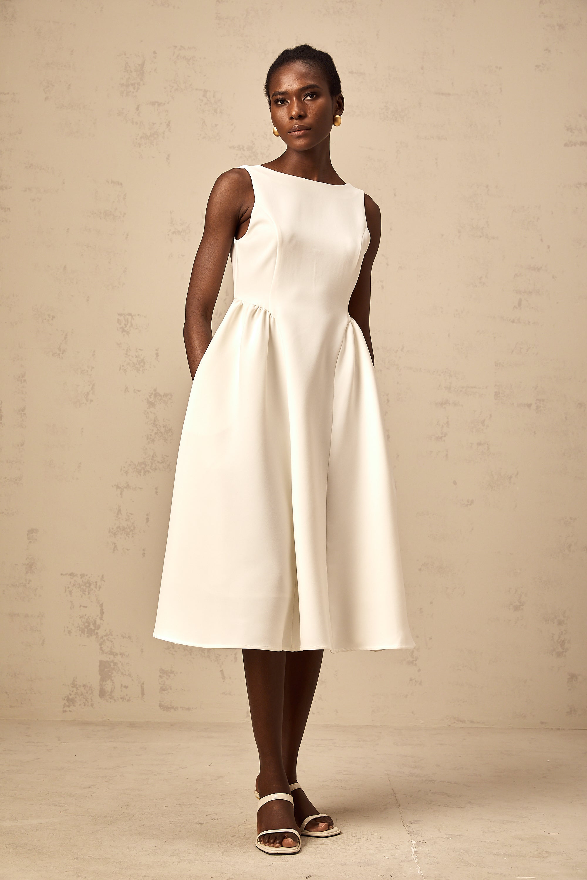 Yolanda white full-skirt sleeveless midi dress