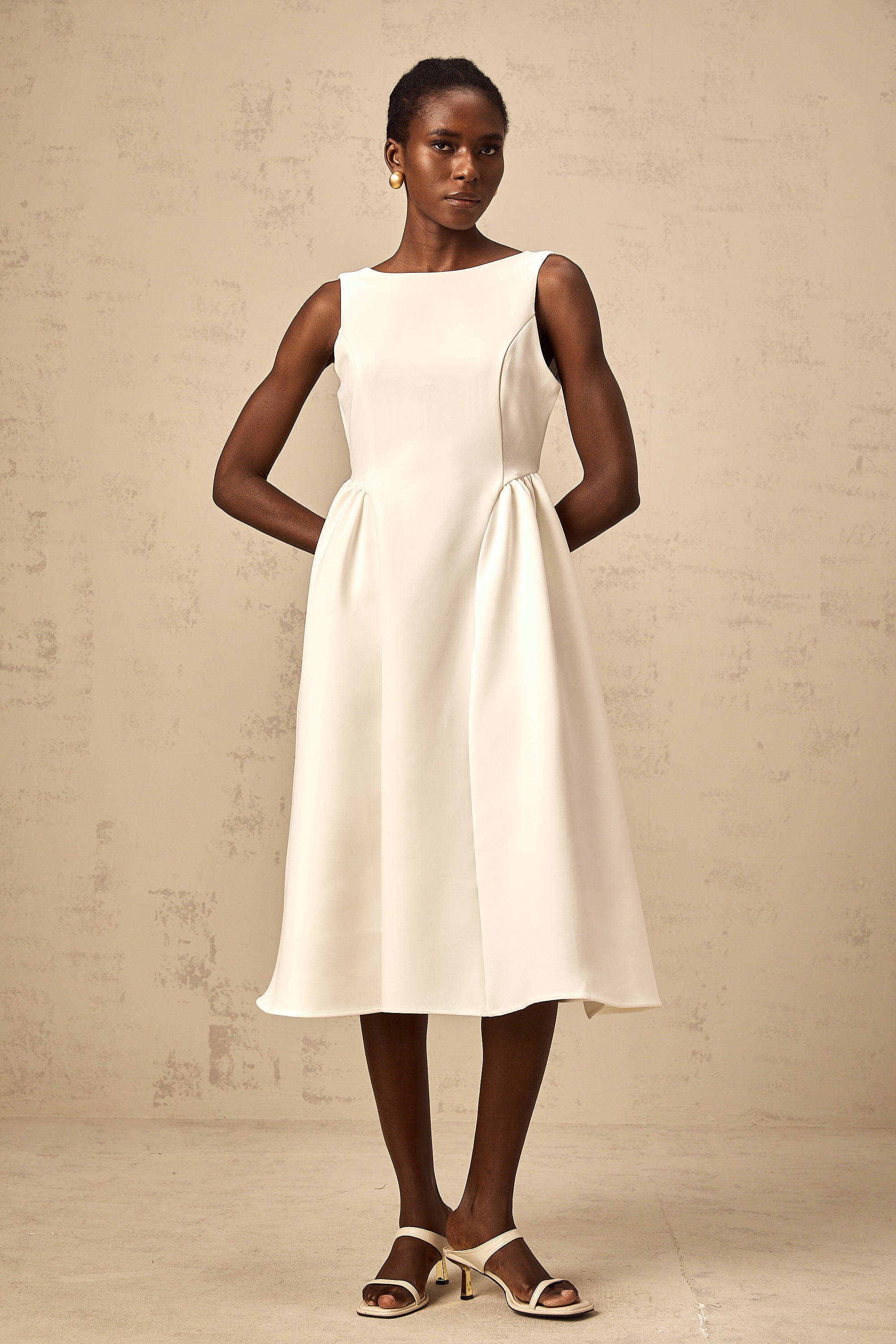 Yolanda white full-skirt sleeveless midi dress