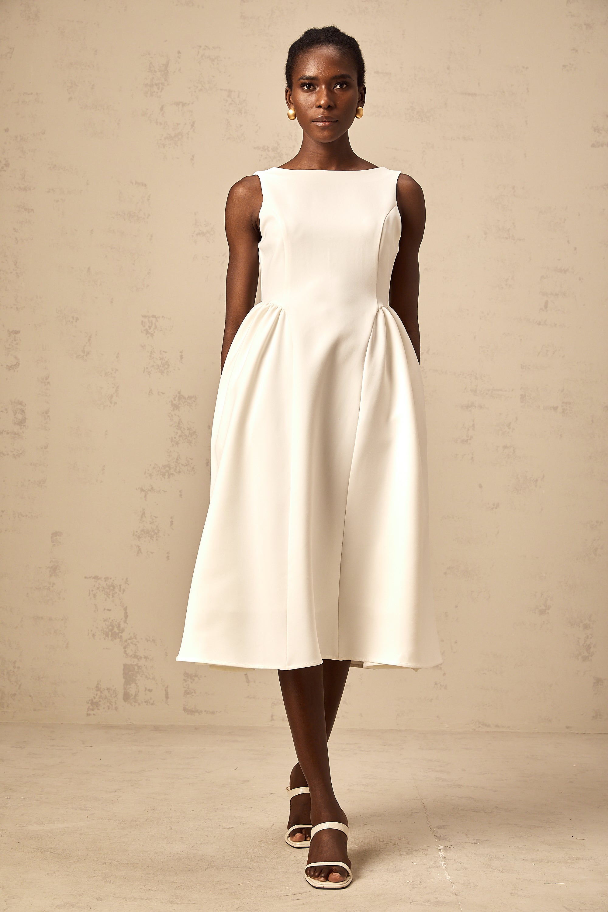 Yolanda white full-skirt sleeveless midi dress