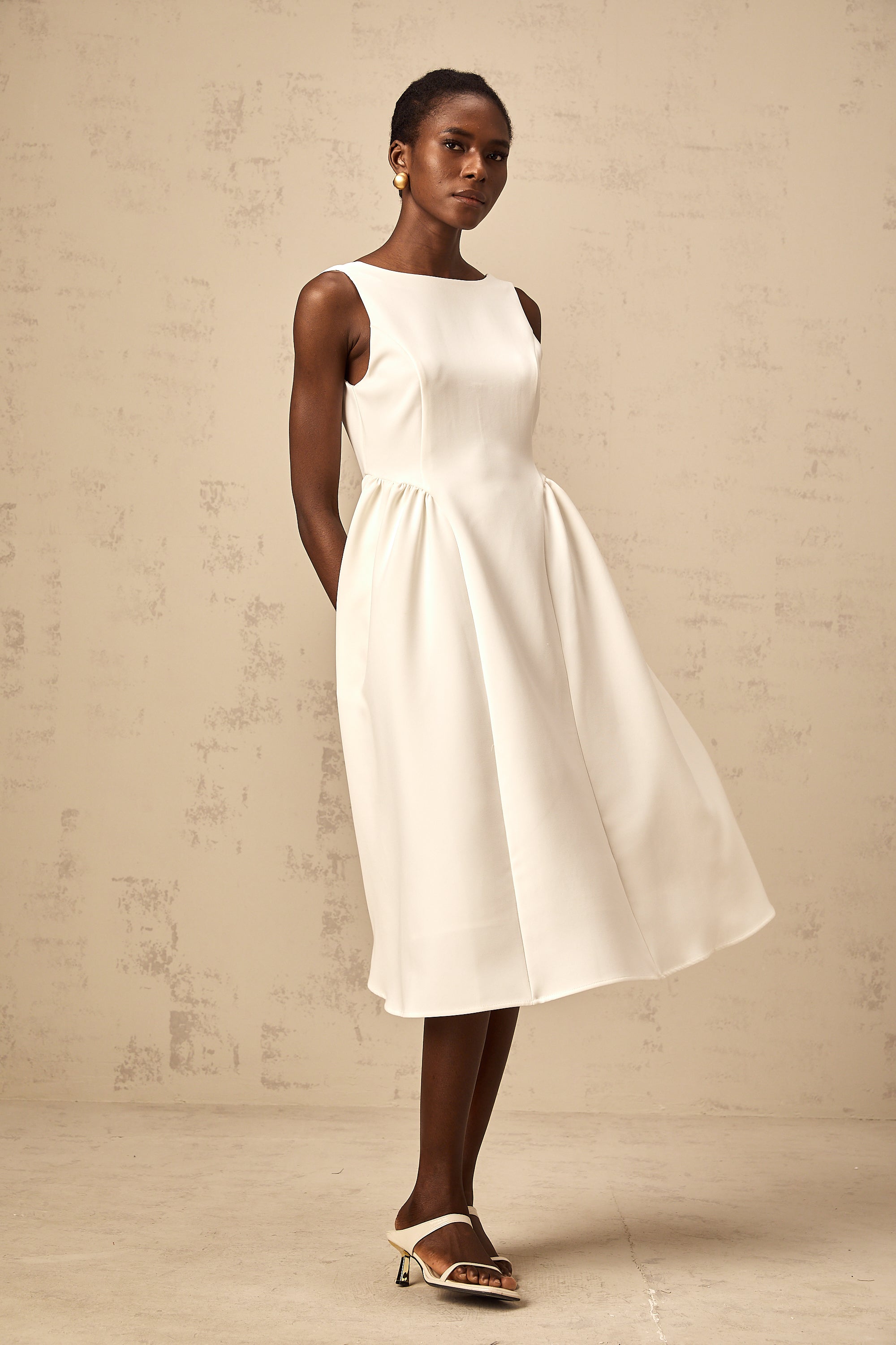 Yolanda white full-skirt sleeveless midi dress