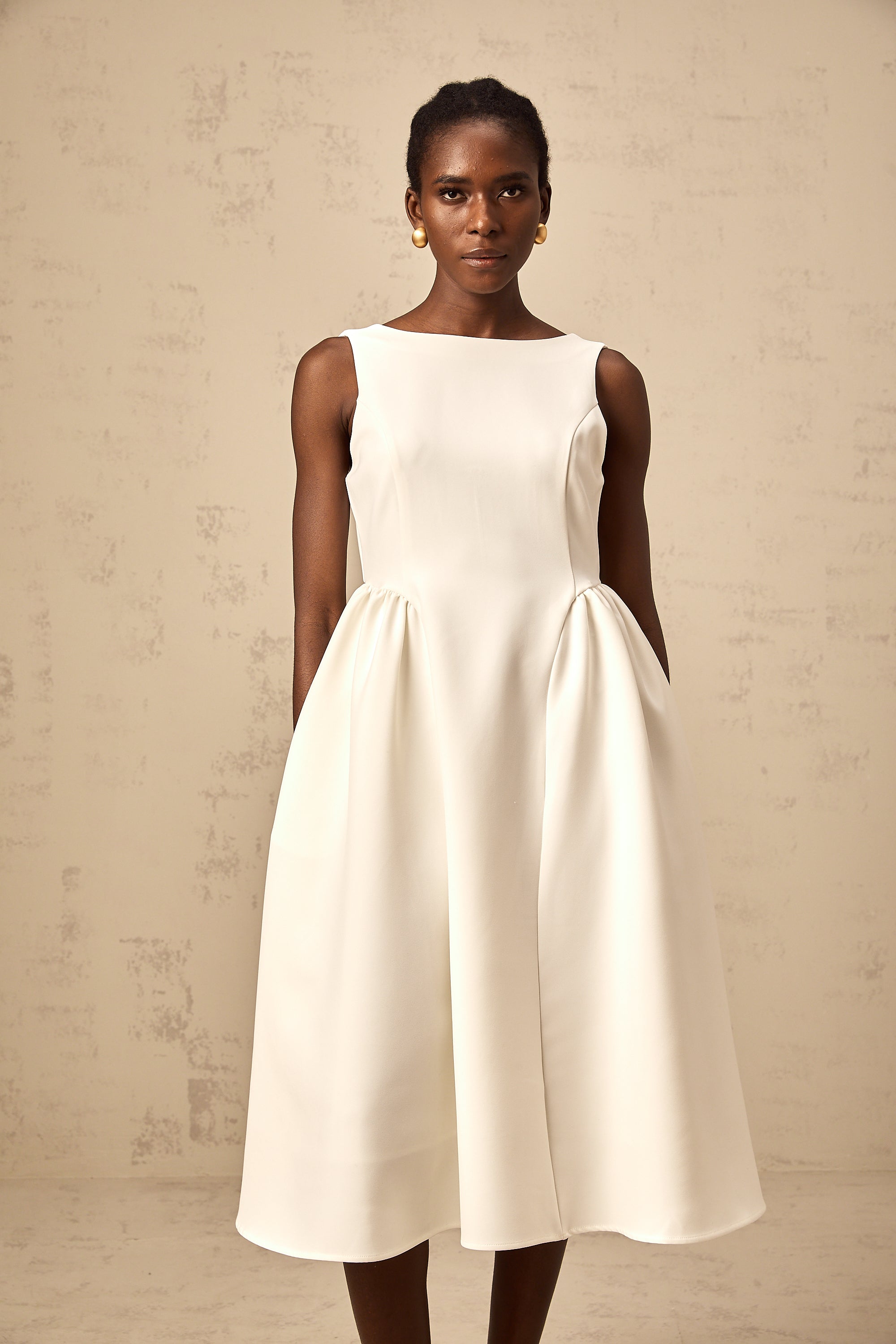 Yolanda white full-skirt sleeveless midi dress