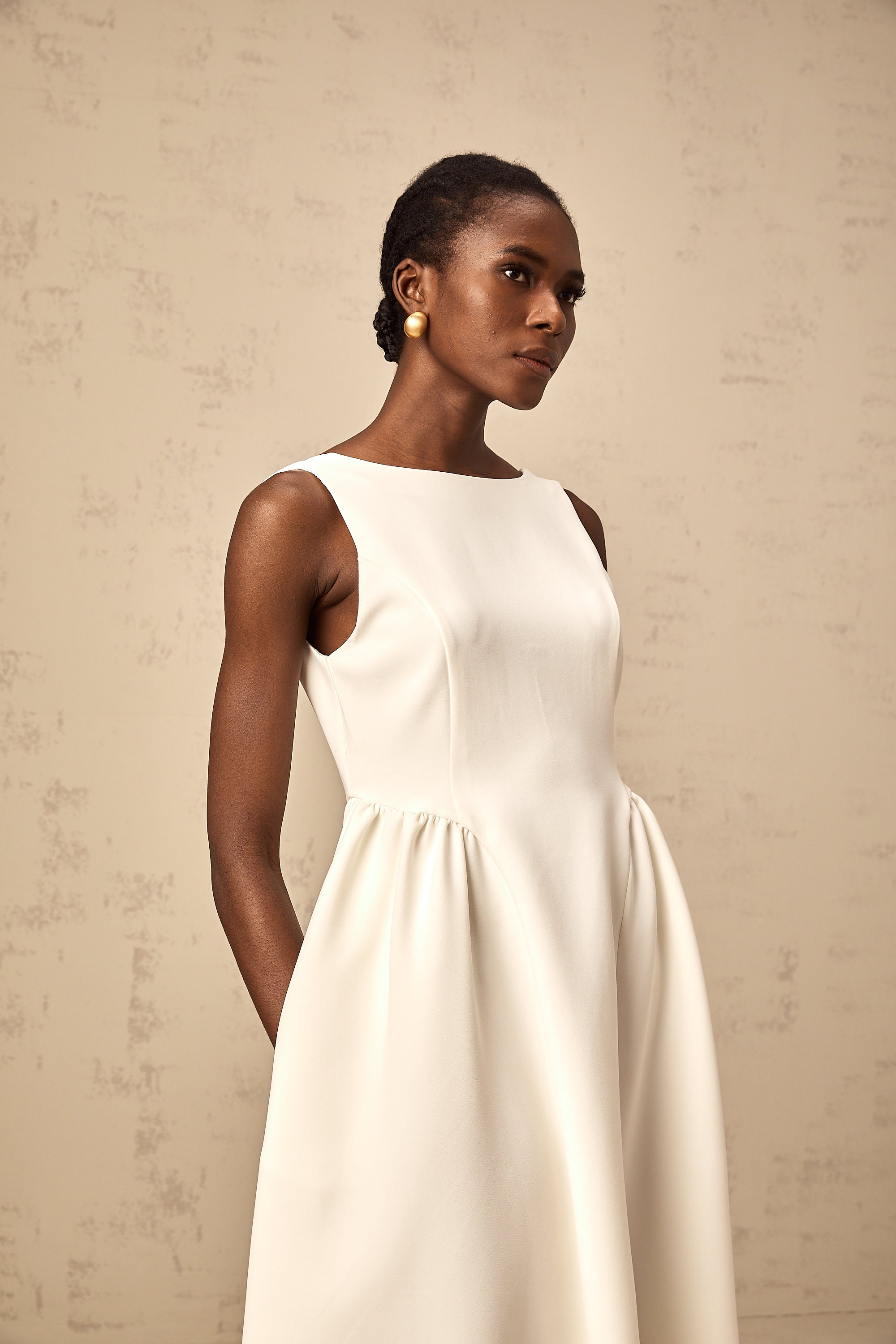 Yolanda white full-skirt sleeveless midi dress