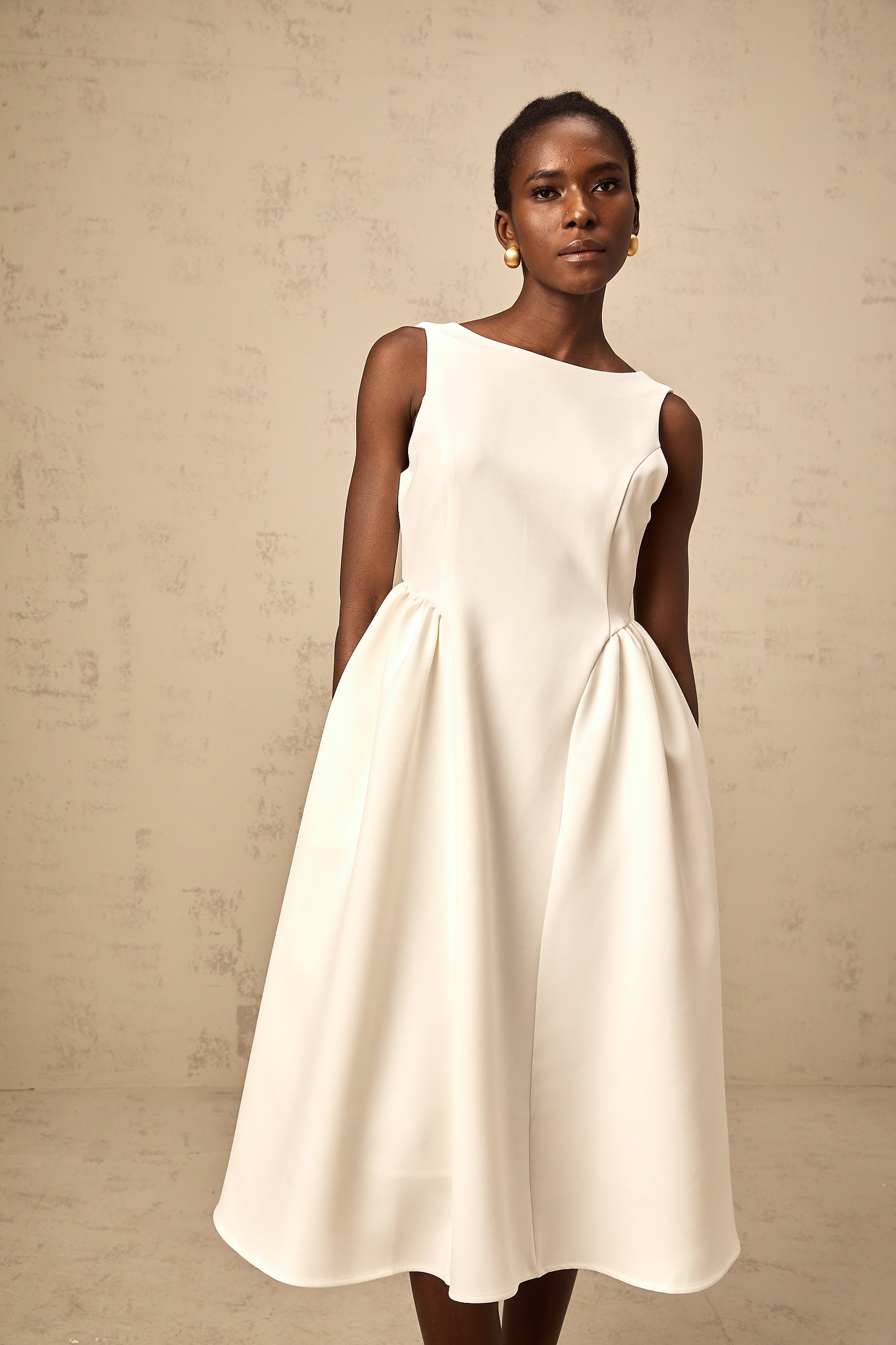 Yolanda white full-skirt sleeveless midi dress