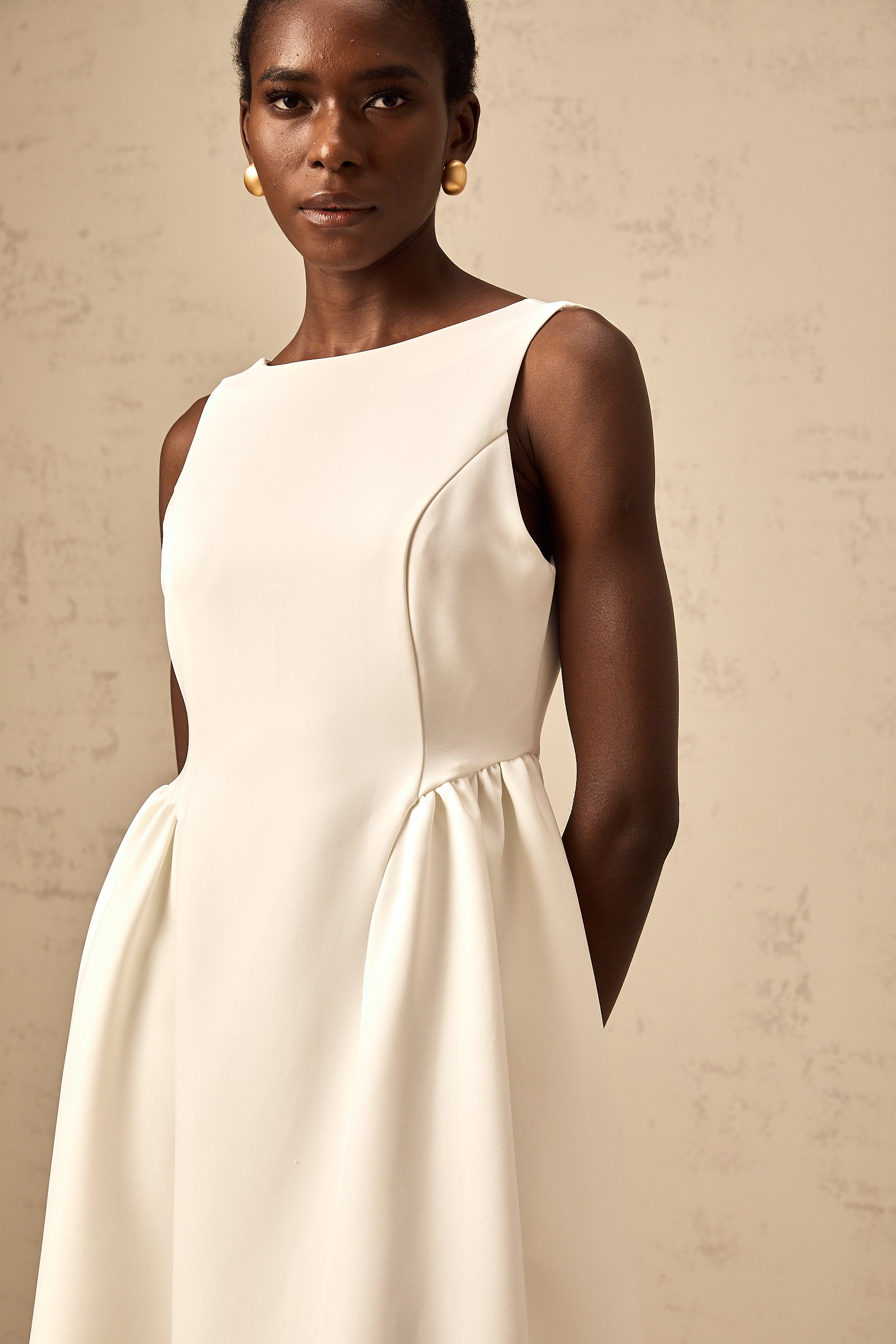 Yolanda white full-skirt sleeveless midi dress