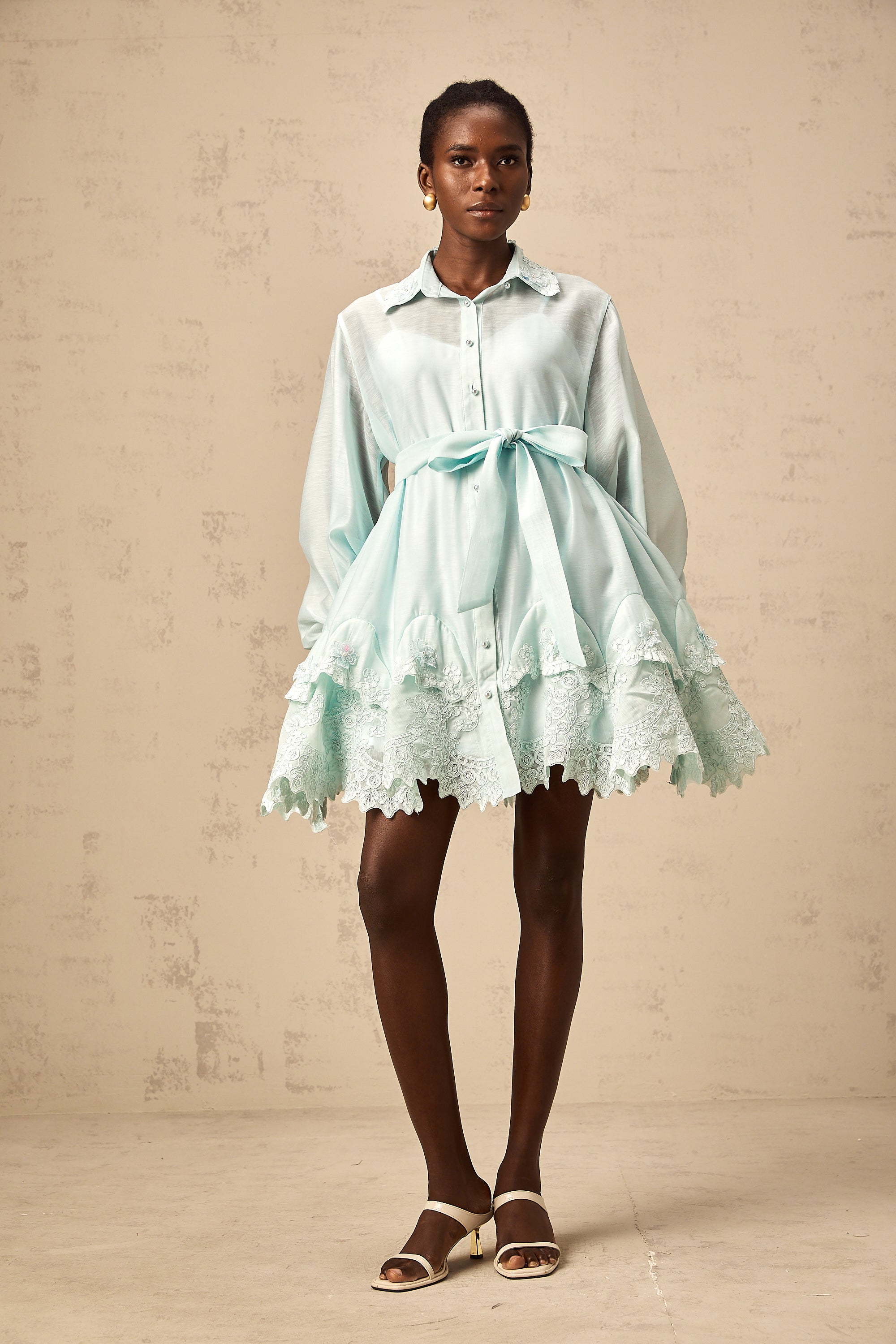 Ivana blue lace-panel mini shirt dress