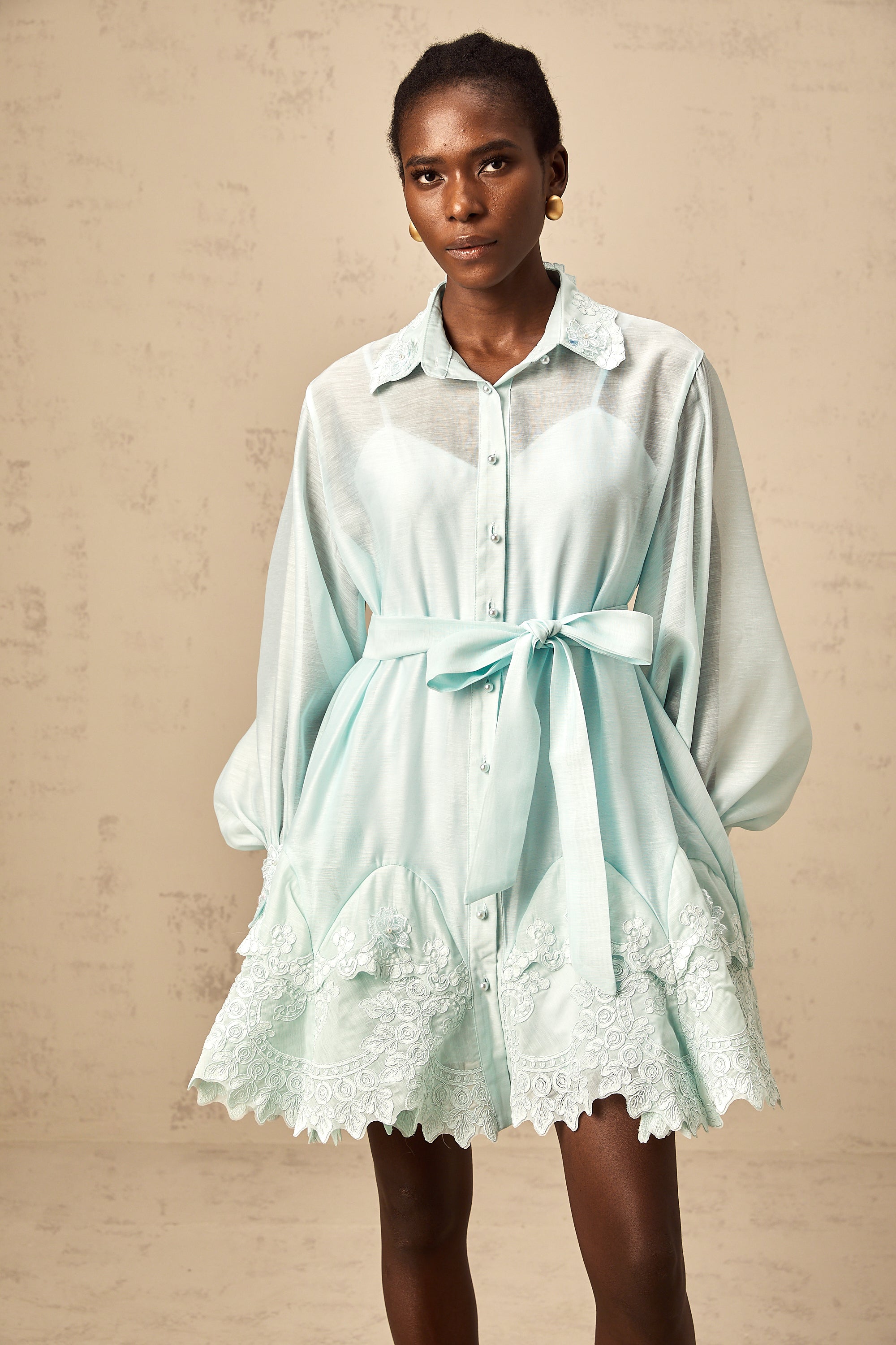 Ivana blue lace-panel mini shirt dress