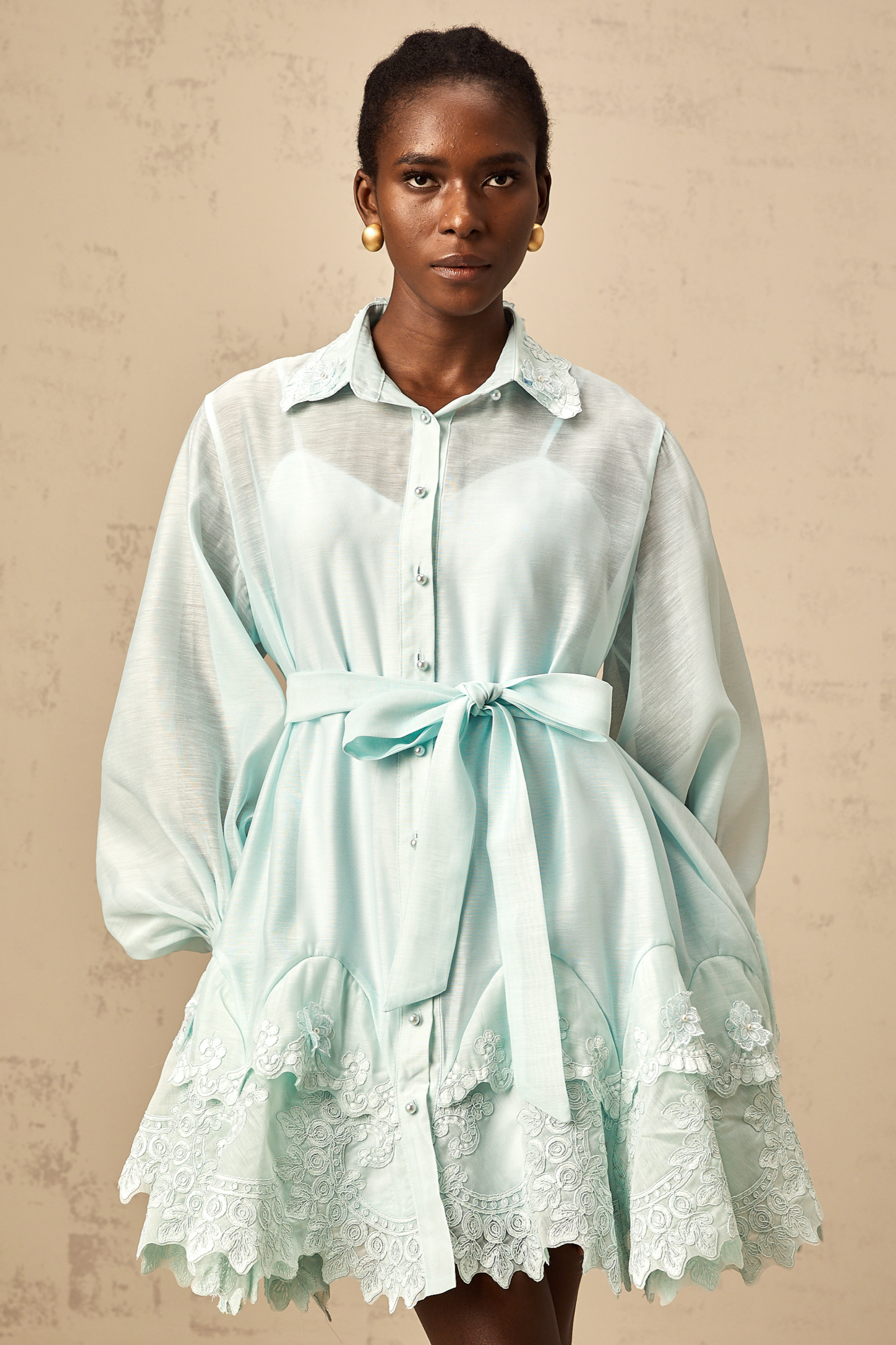 Ivana blue lace-panel mini shirt dress