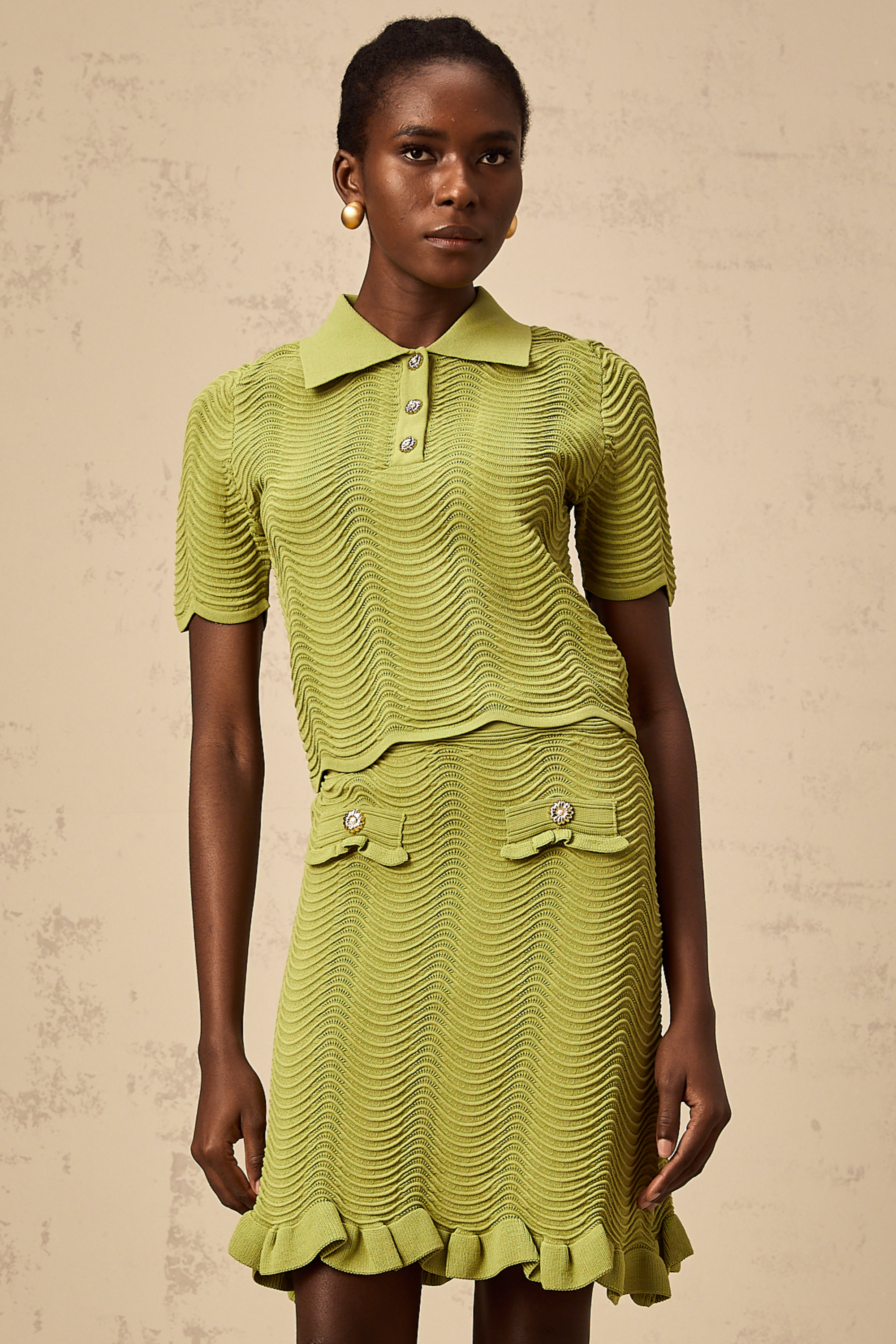 Urbaine olive-green wavy-crochet knit polo shirt & skirt matching set