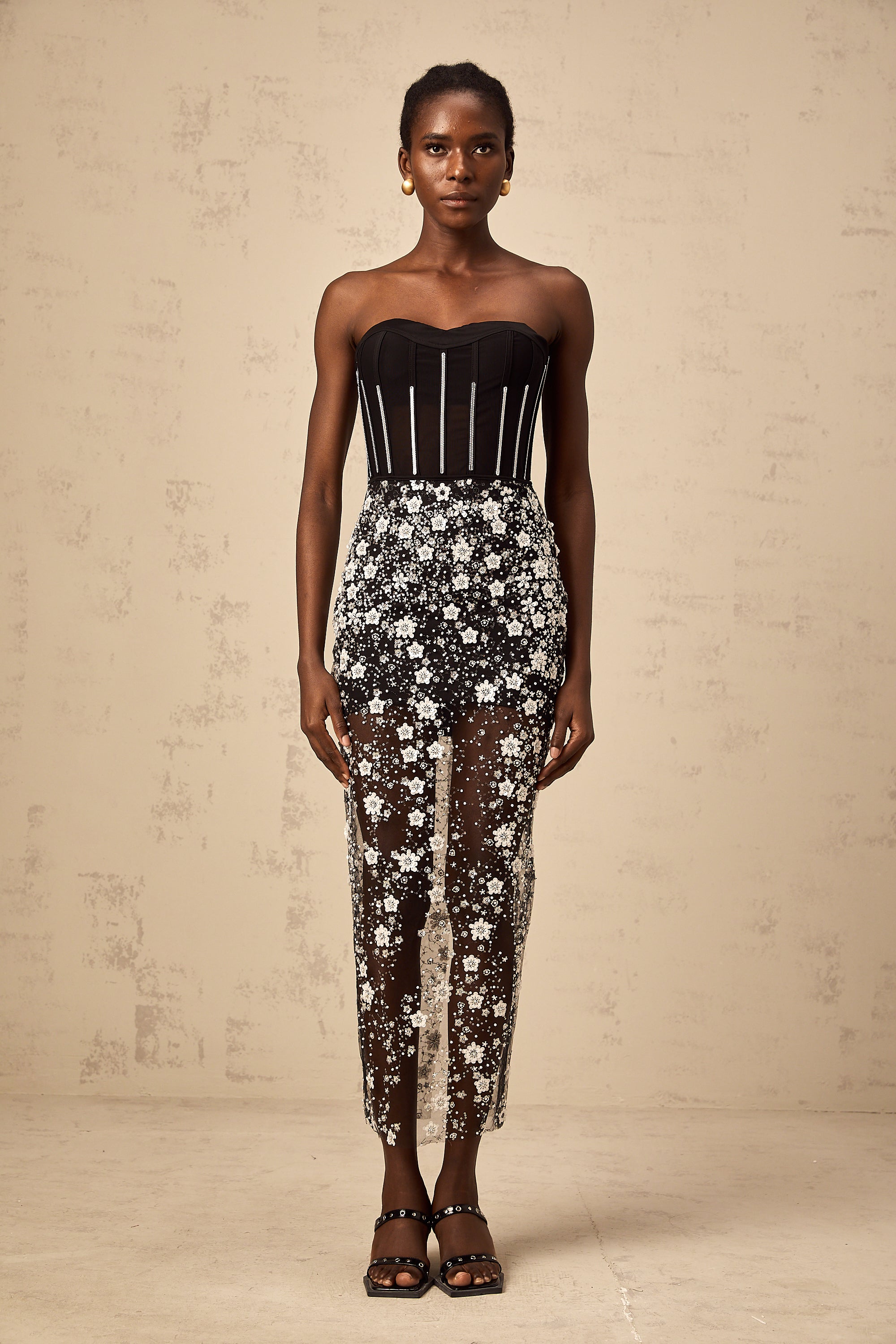 Ophélie black sequined flower corset midi dress