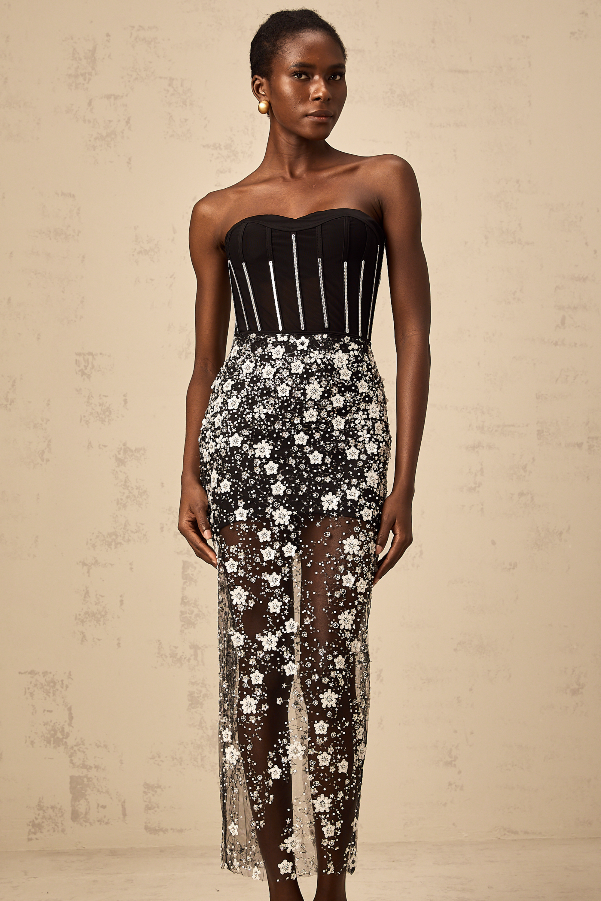 Ophélie black sequined flower corset midi dress