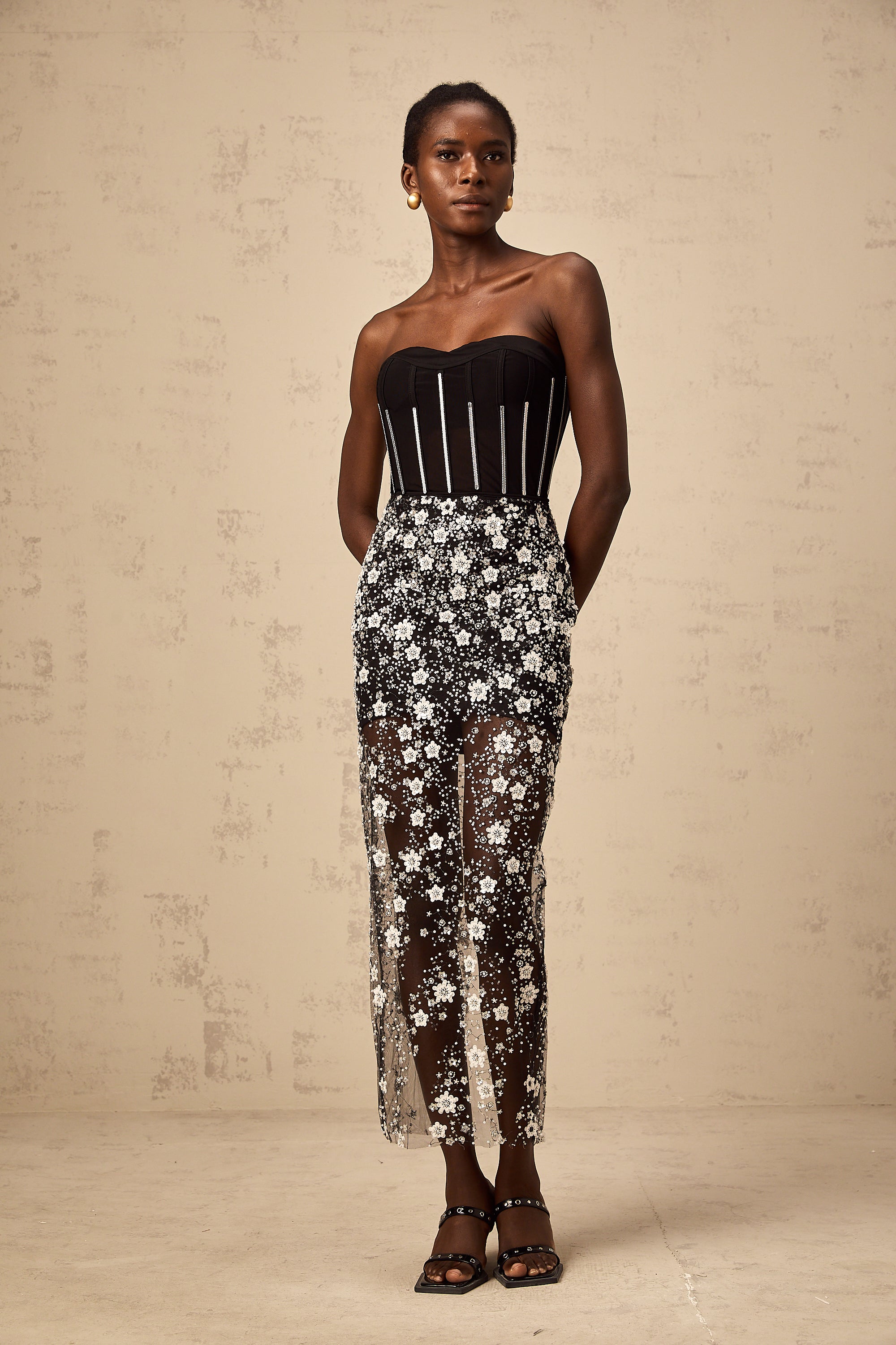 Ophélie black sequined flower corset midi dress