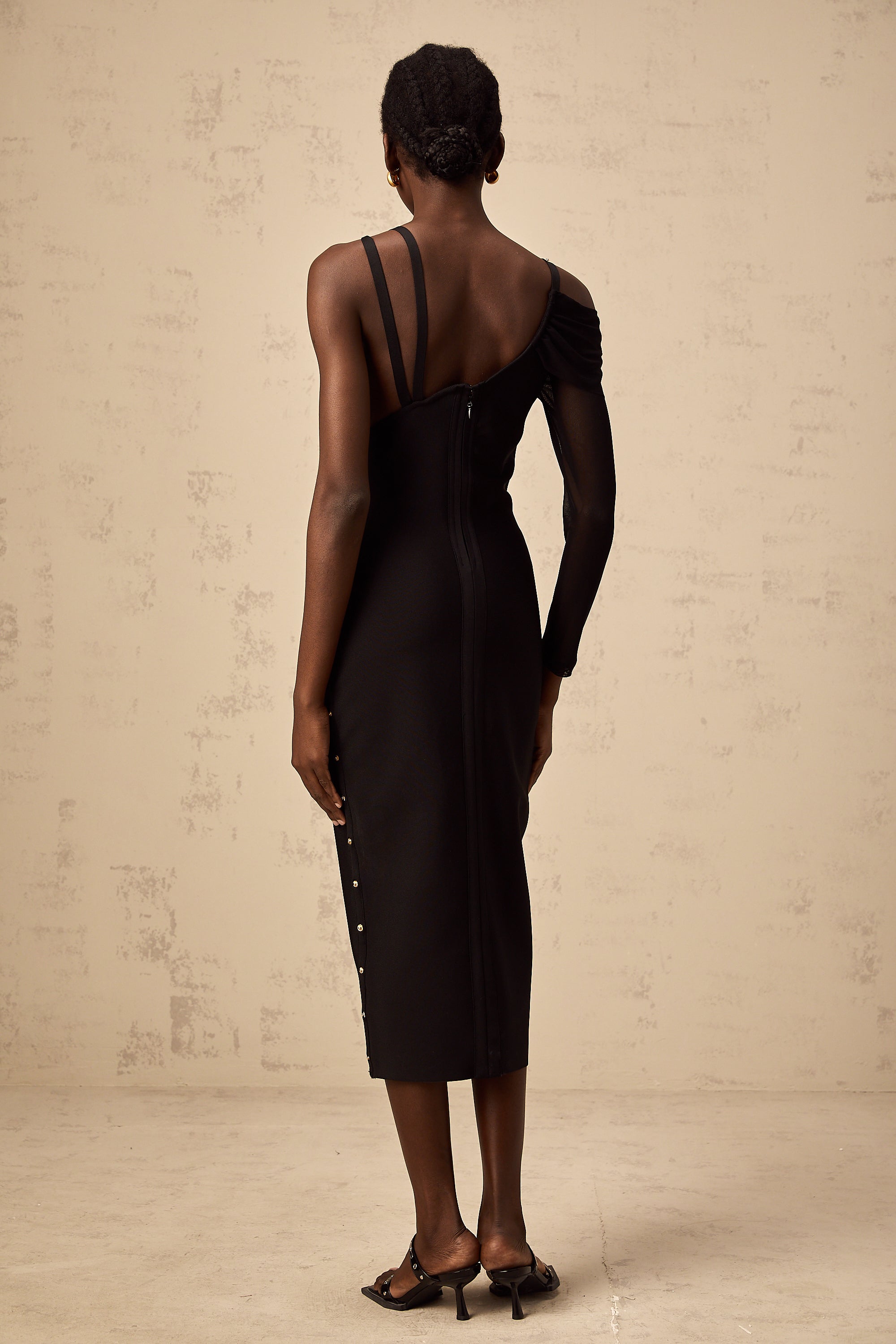 Louise black cut-out asymmetric midi dress