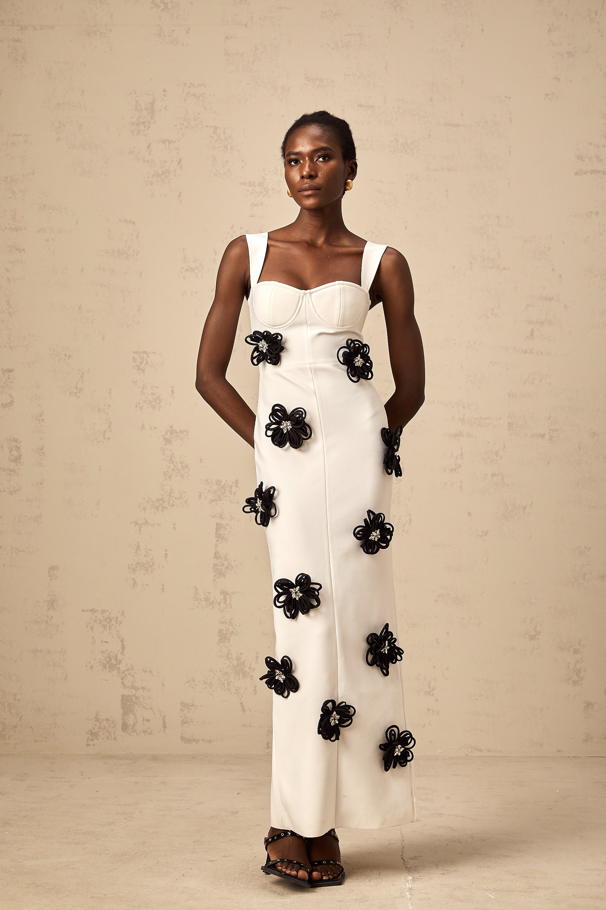 Olivia white floral-appliqué bandage maxi dress