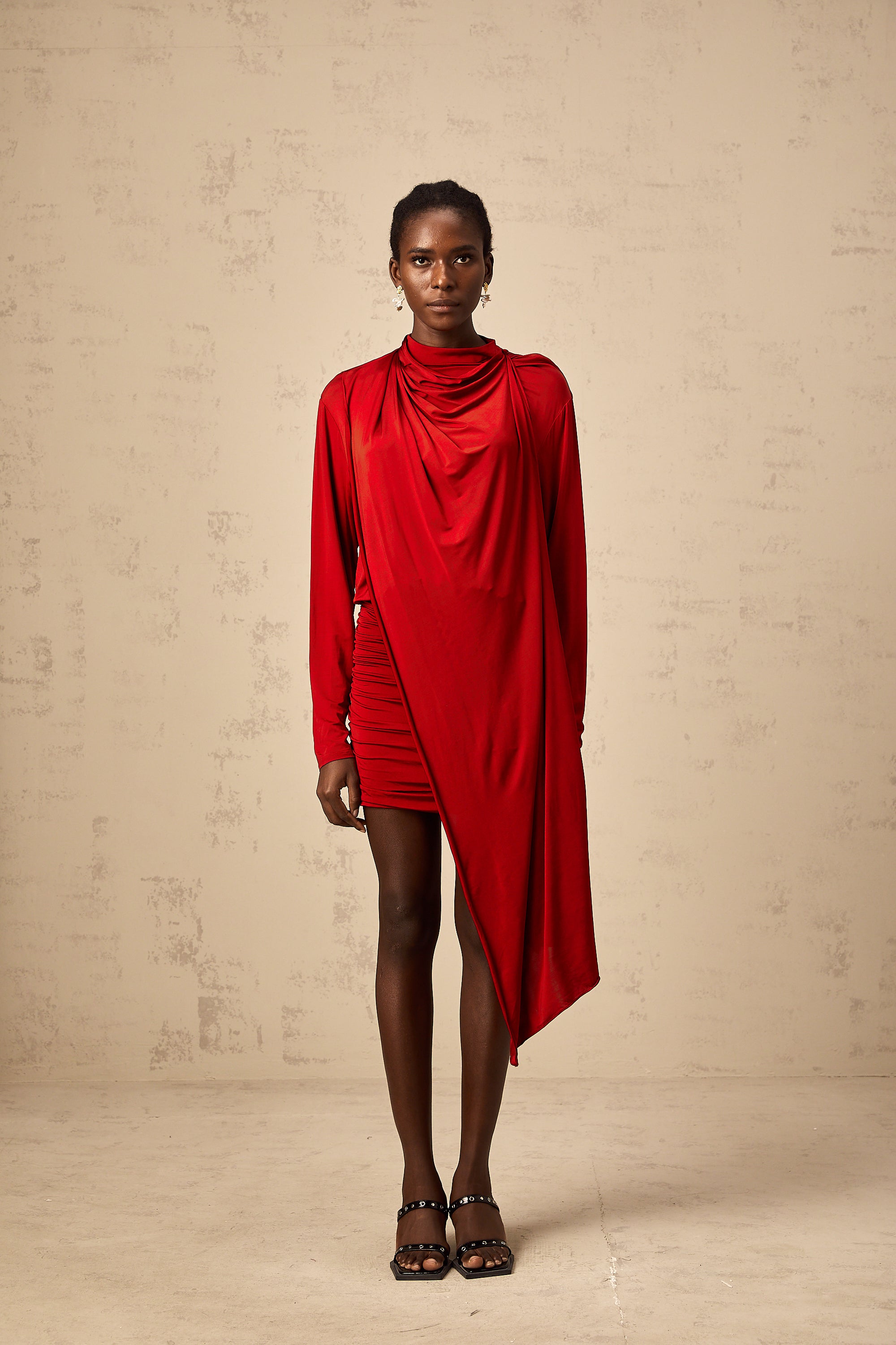 Herta red cape-design ruched mini dress