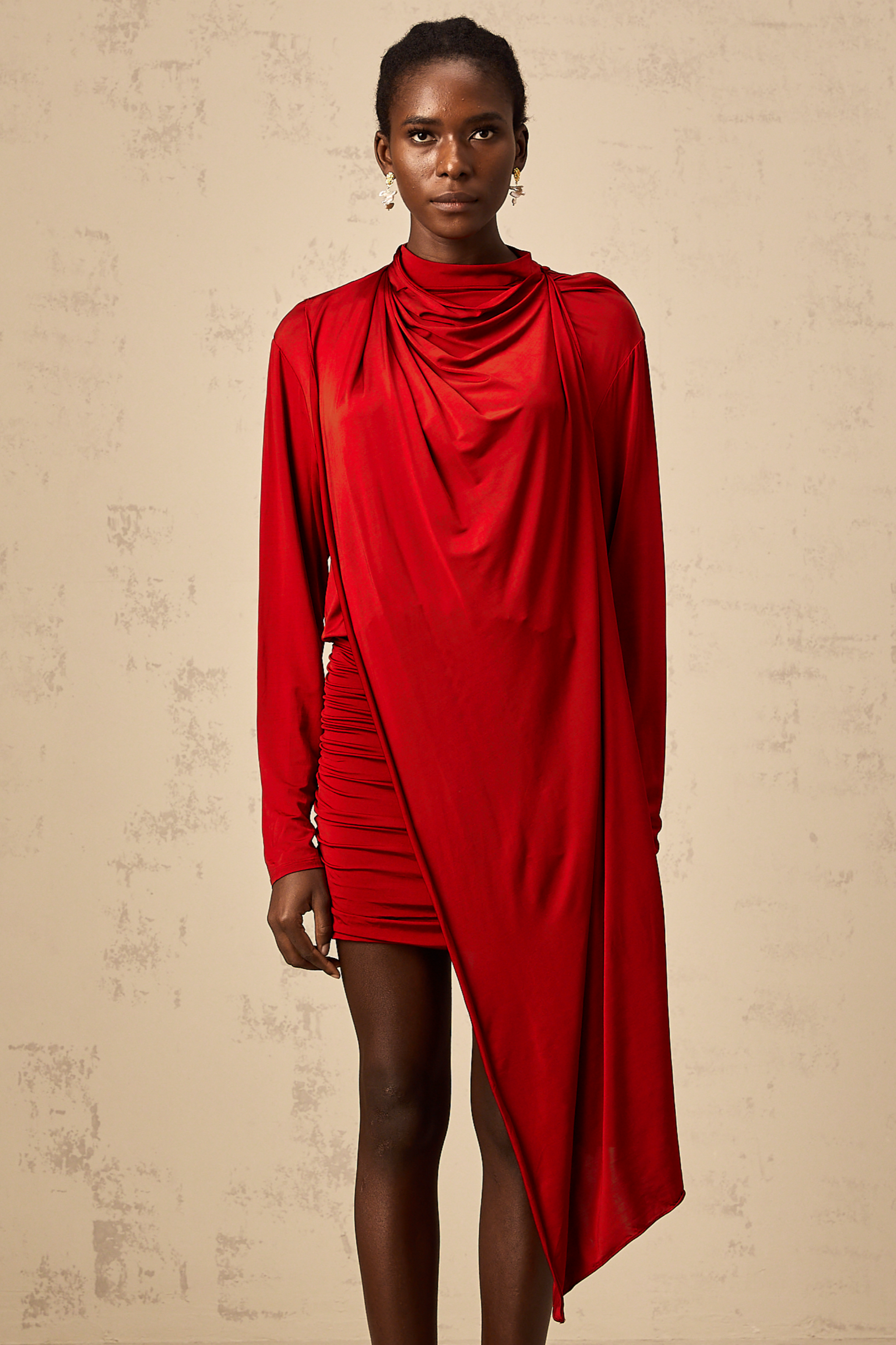 Herta red cape-design ruched mini dress