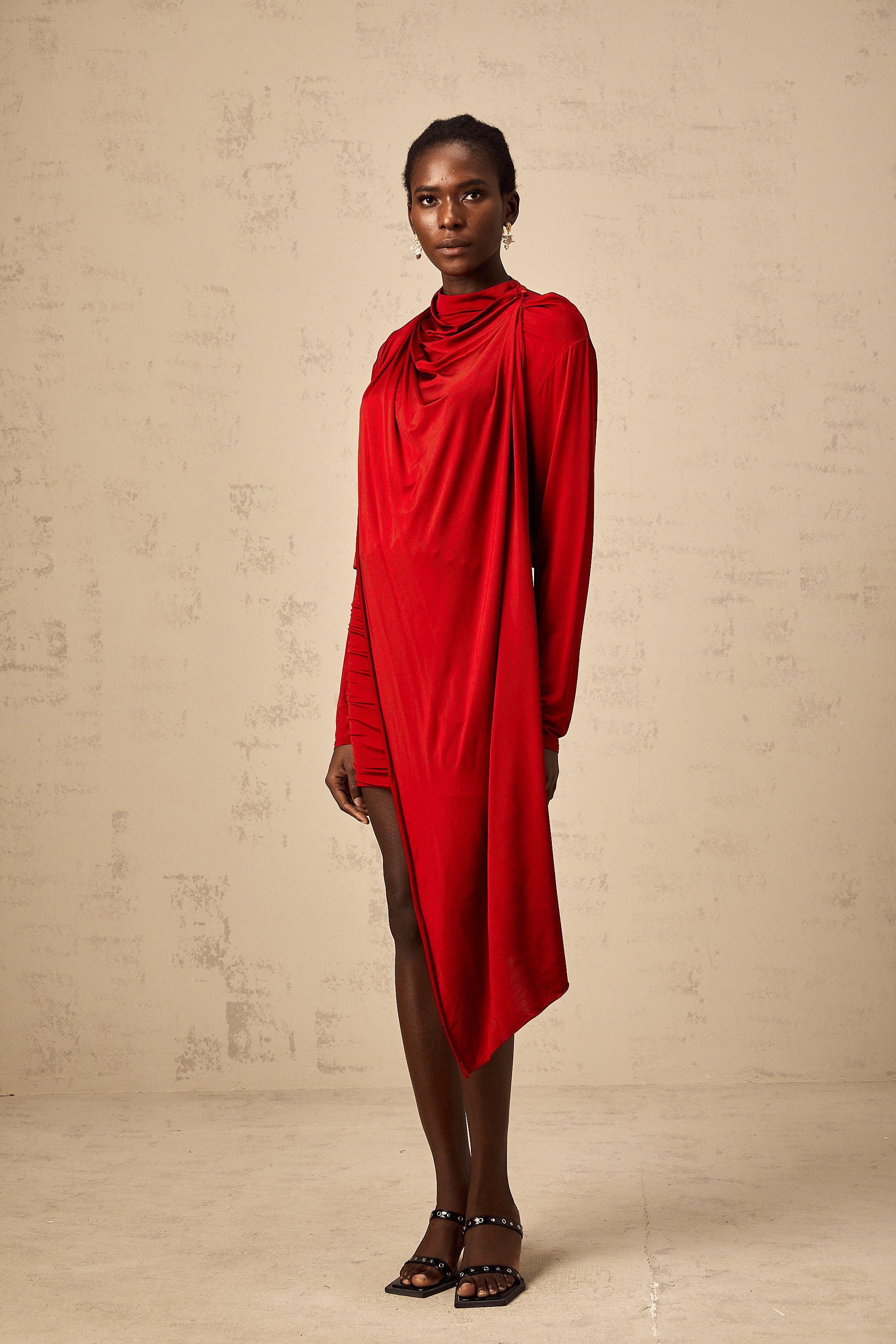 Herta red cape-design ruched mini dress