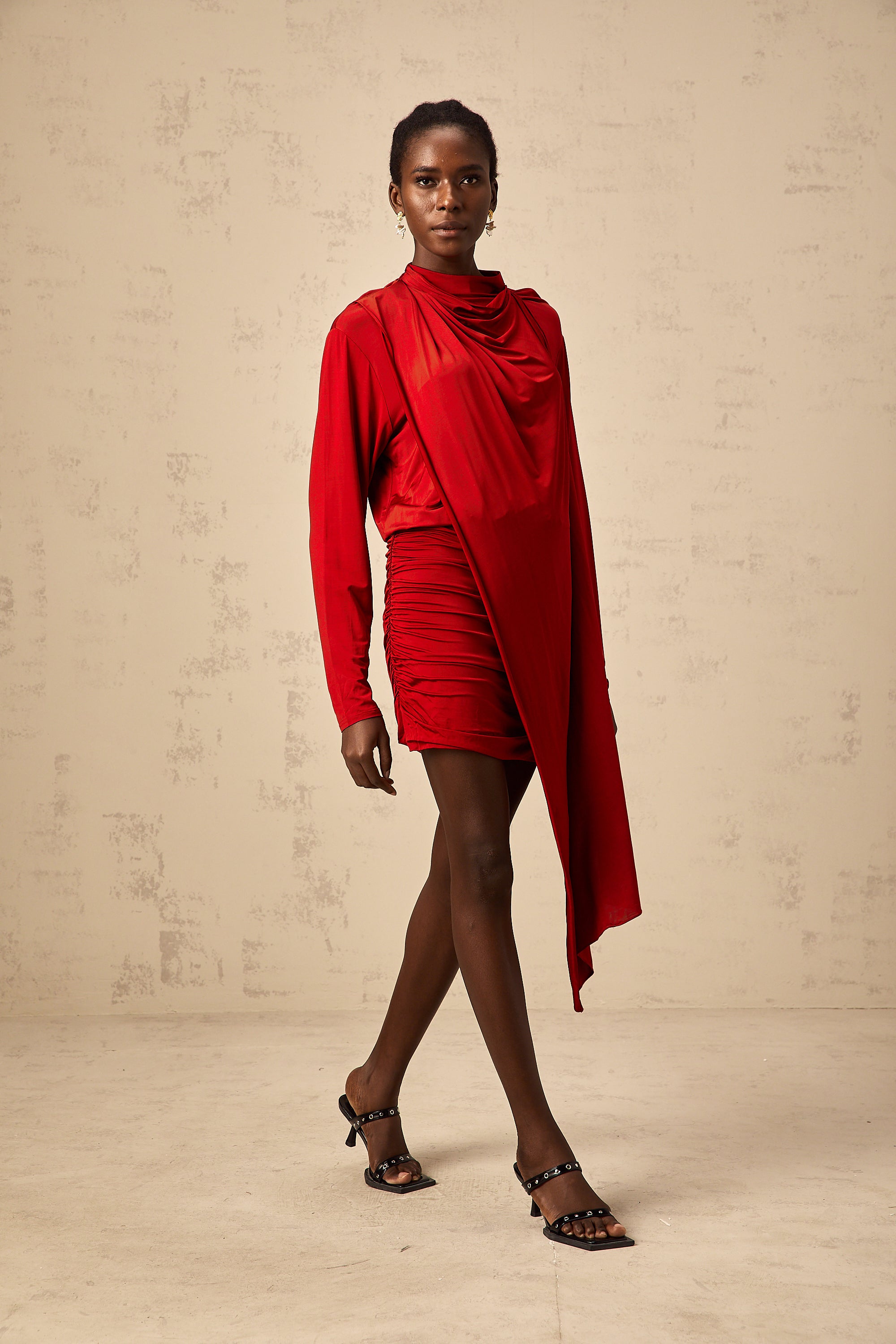 Herta red cape-design ruched mini dress