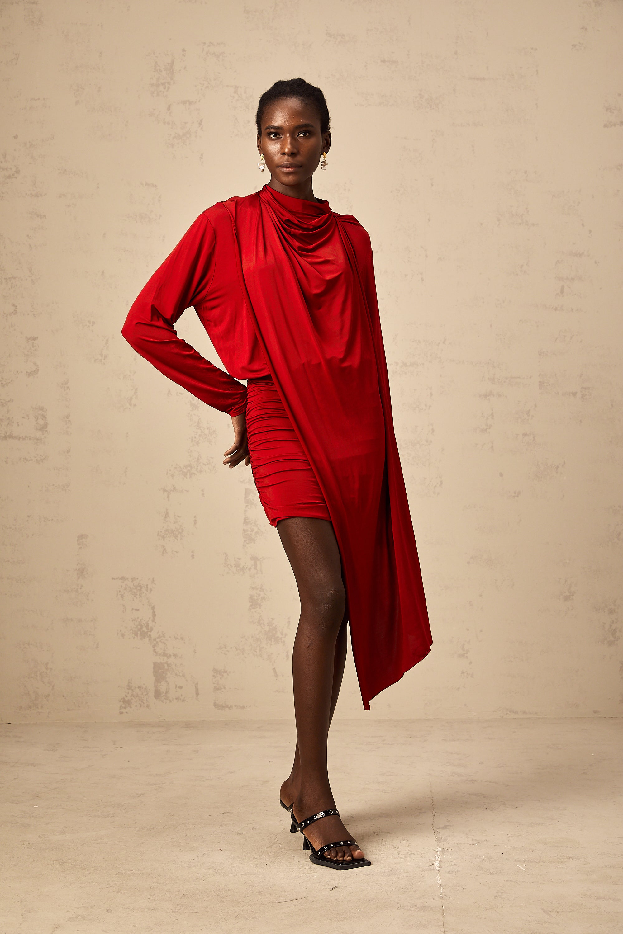 Herta red cape-design ruched mini dress