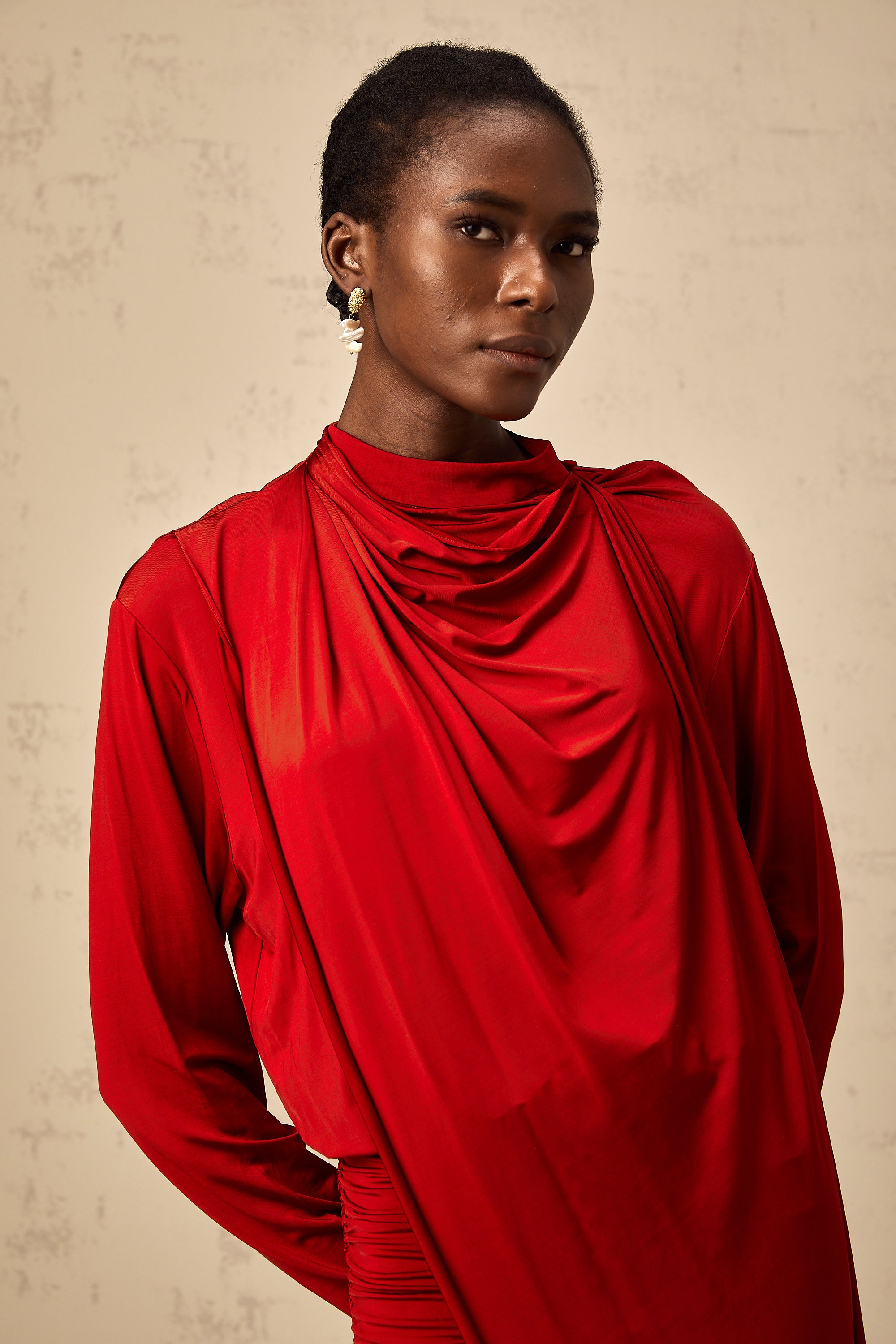 Herta red cape-design ruched mini dress