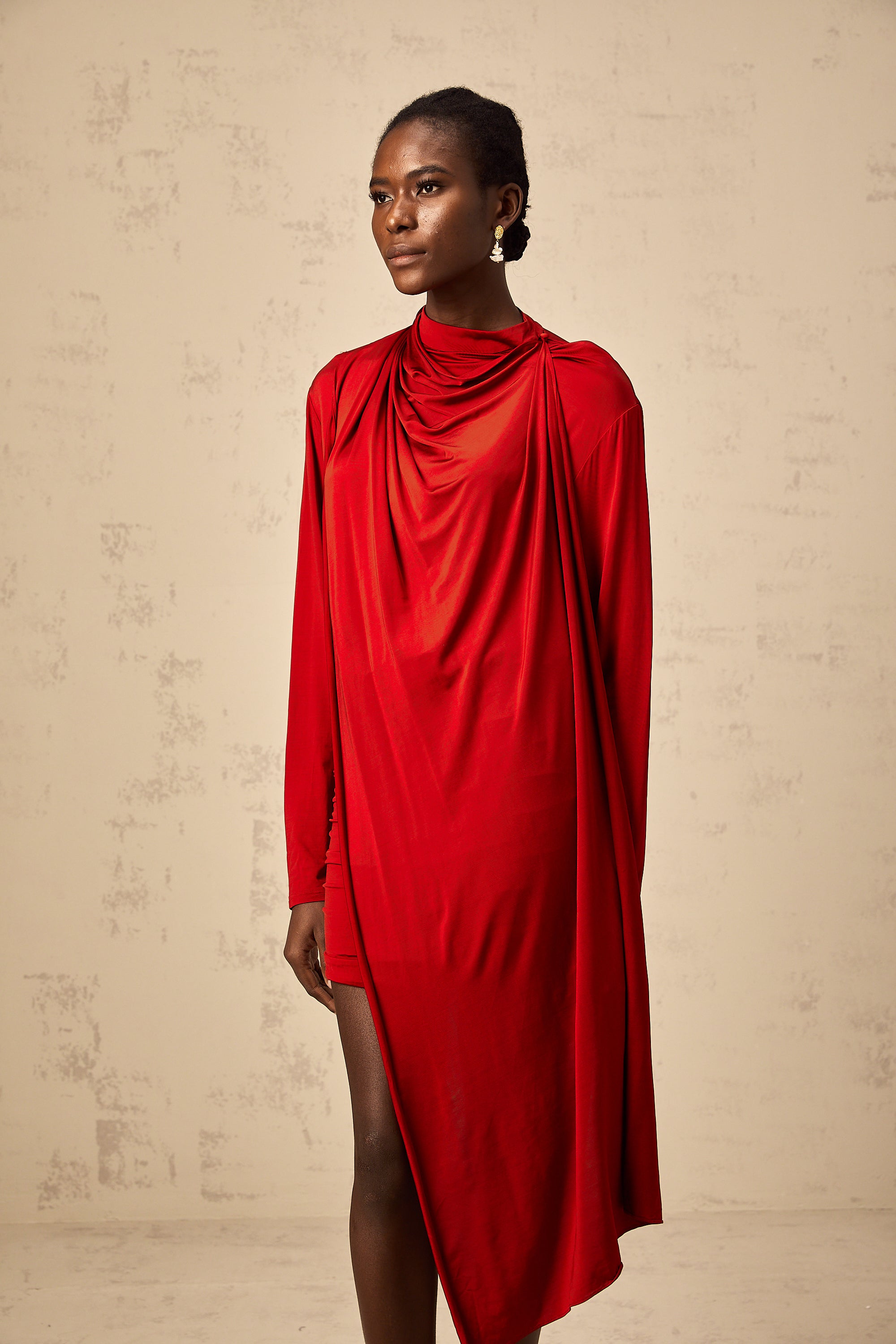 Herta red cape-design ruched mini dress