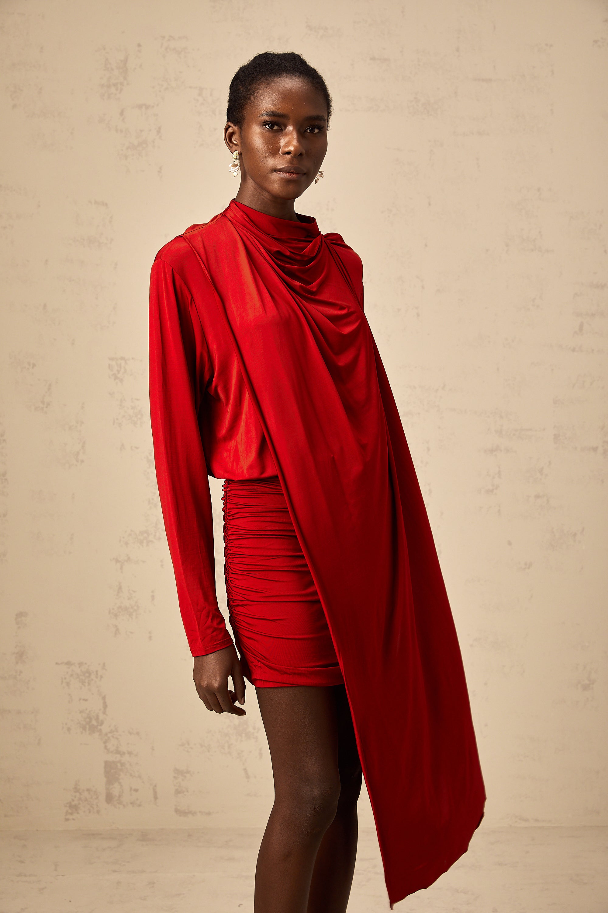 Herta red cape-design ruched mini dress