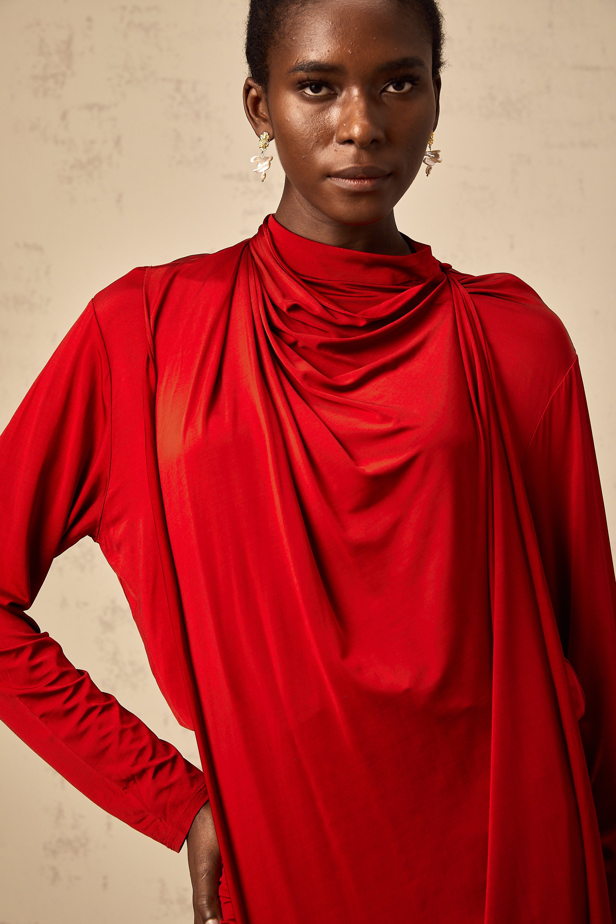 Herta red cape-design ruched mini dress