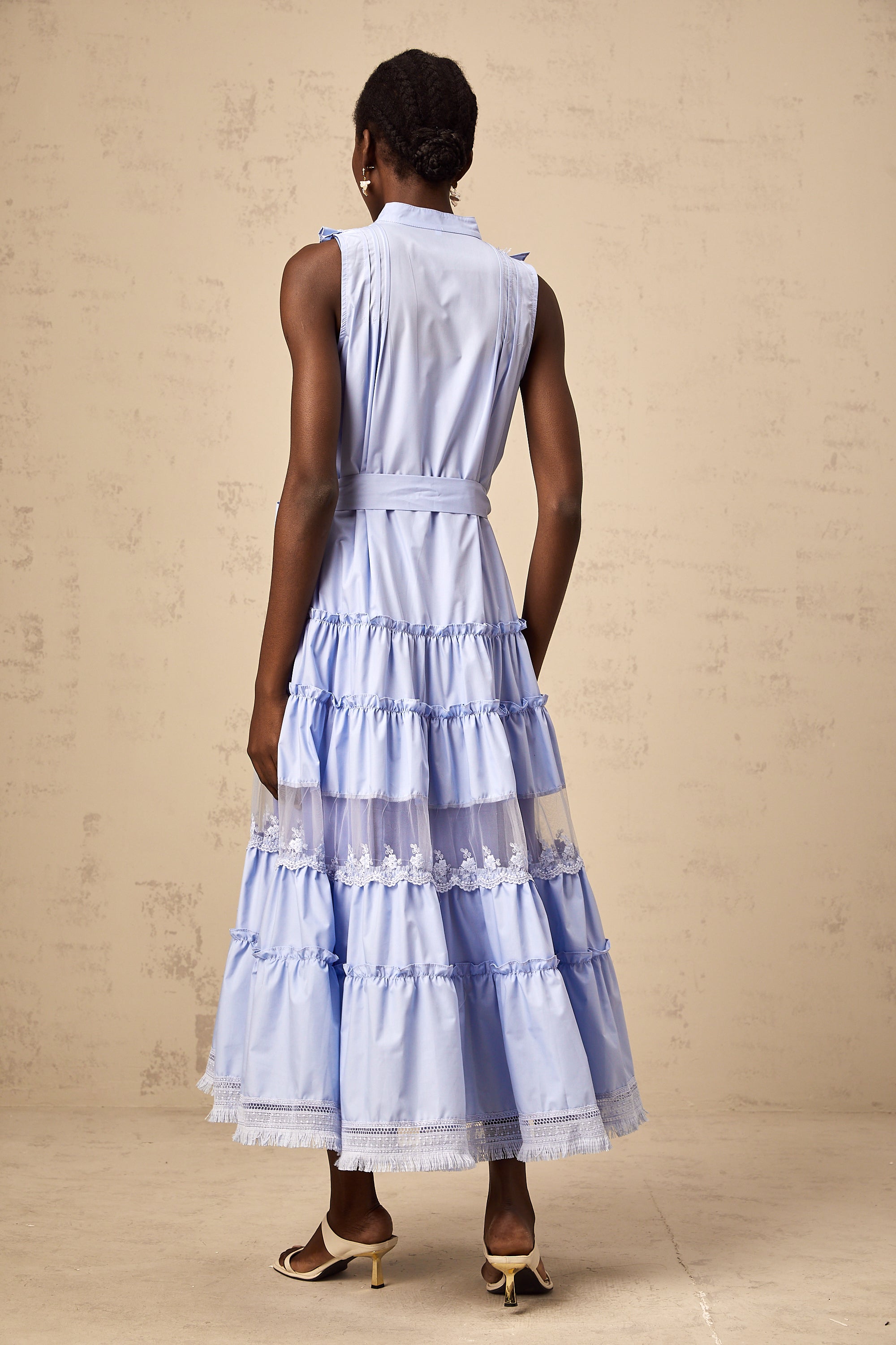 Olena blue ruffled floral-lace trimmed tiered midi dress