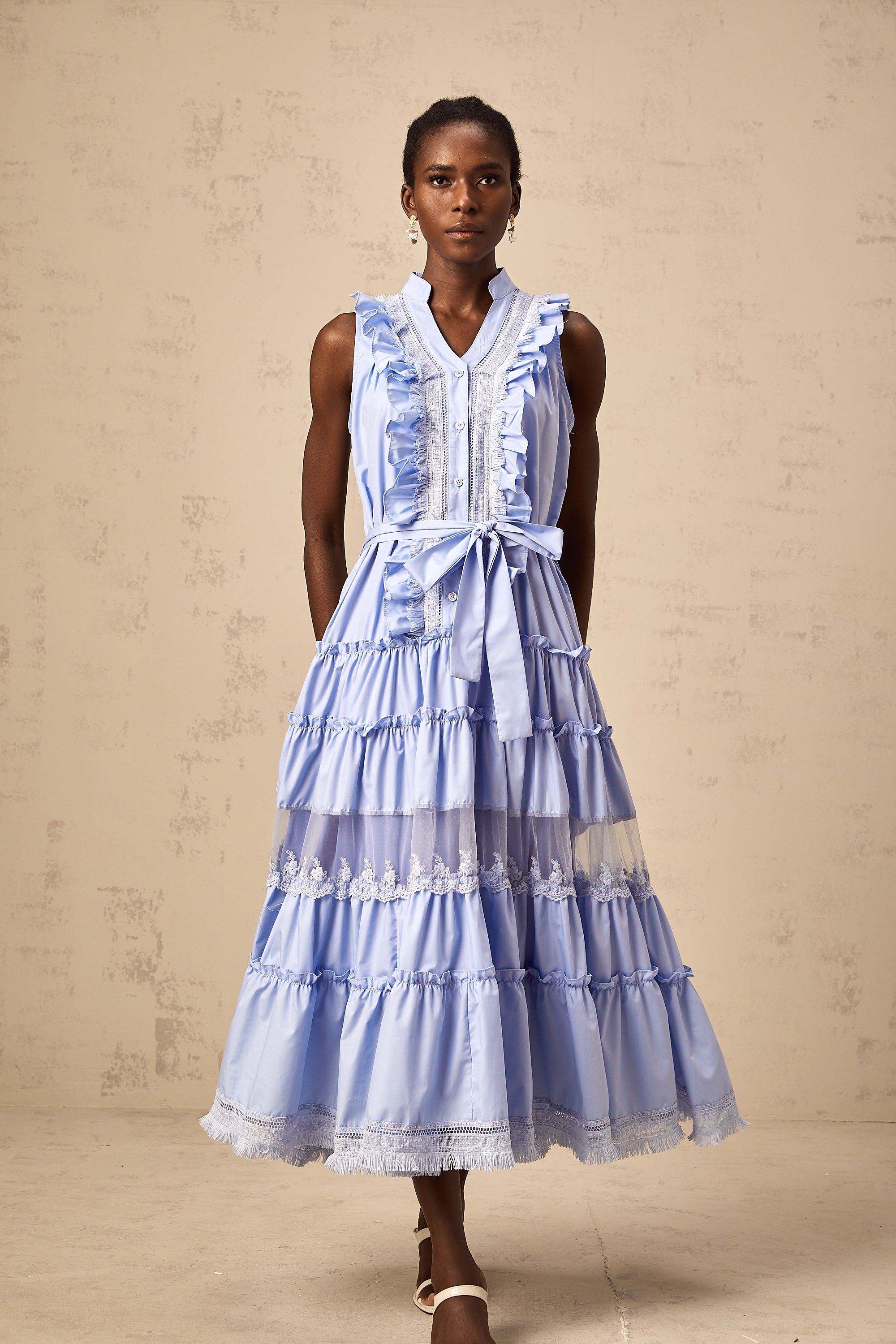 Olena blue ruffled floral-lace trimmed tiered midi dress