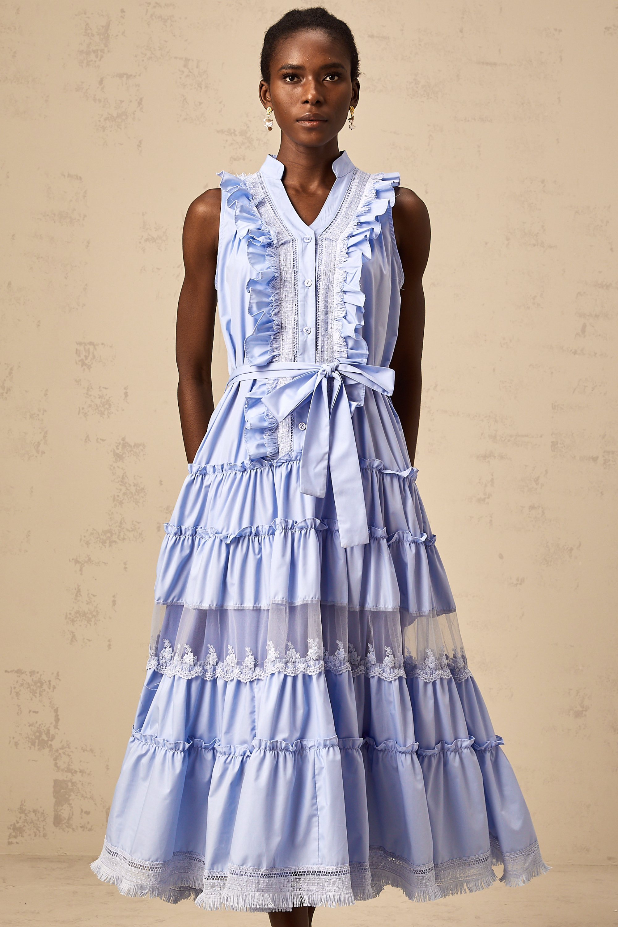 Olena blue ruffled floral-lace trimmed tiered midi dress