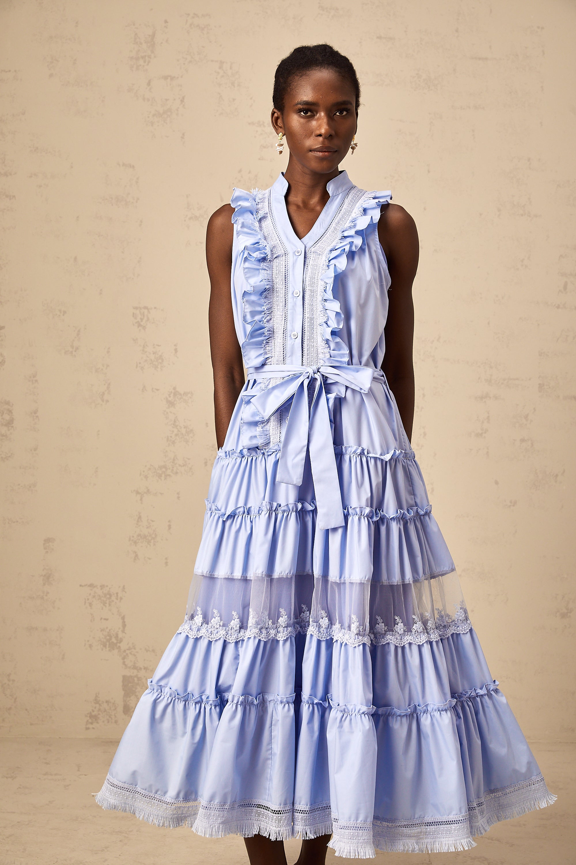 Olena blue ruffled floral-lace trimmed tiered midi dress