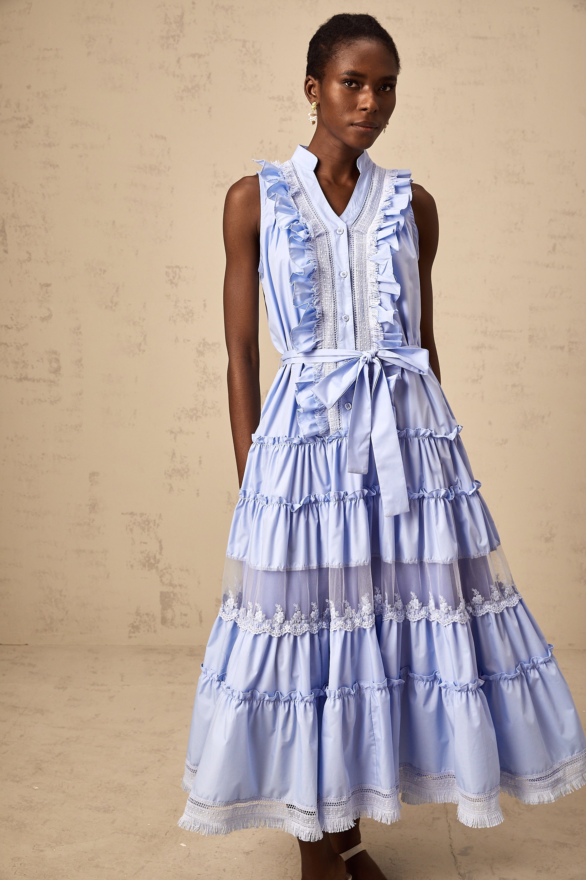 Olena blue ruffled floral-lace trimmed tiered midi dress