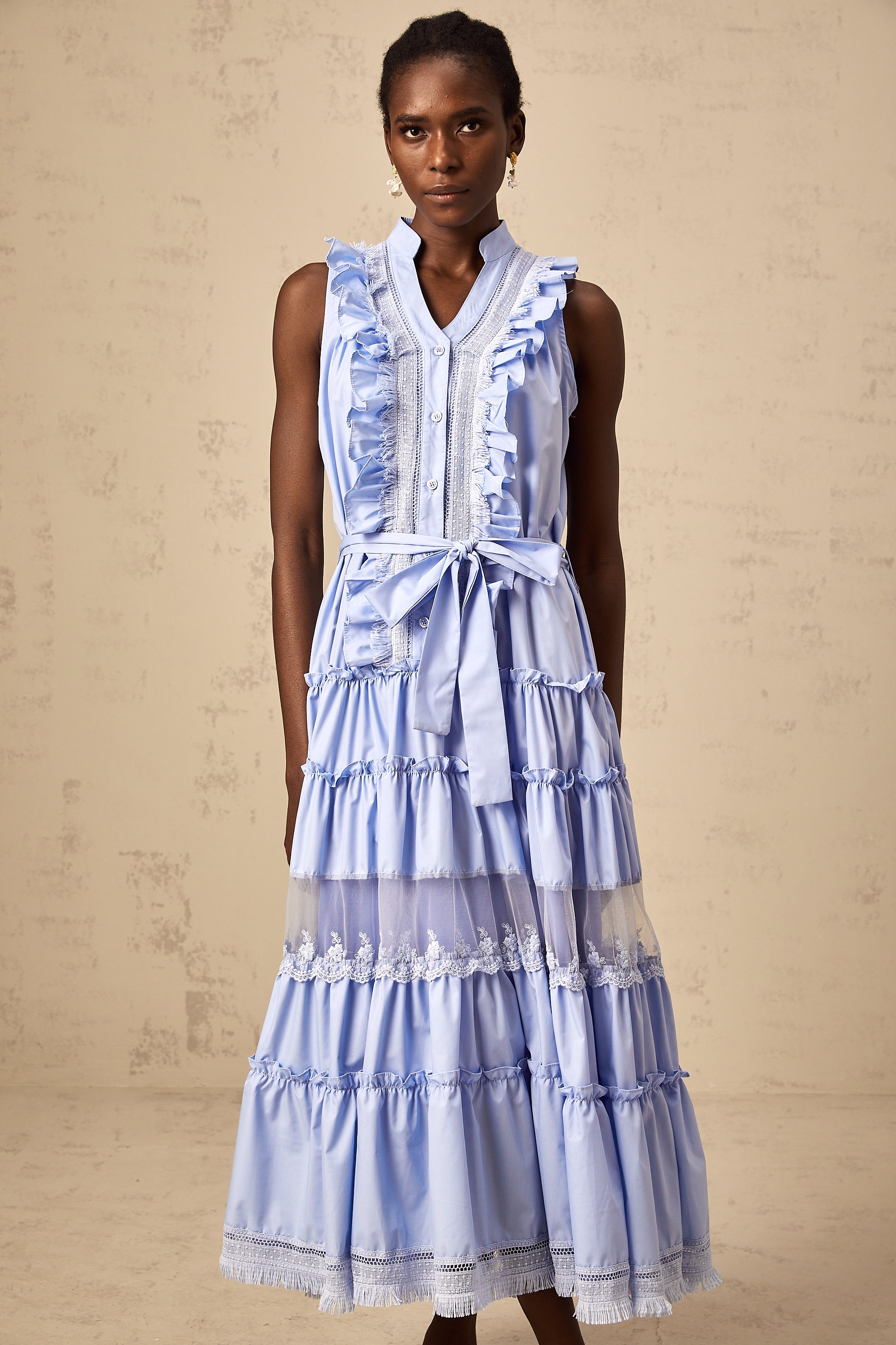 Olena blue ruffled floral-lace trimmed tiered midi dress